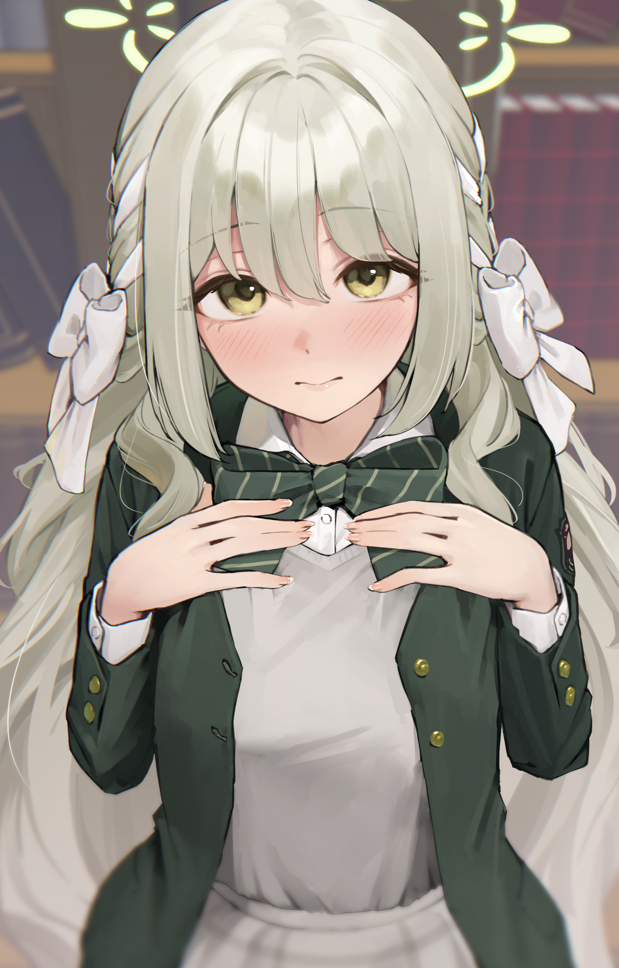 kanpa (campagne 9), miyo (blue archive), blue archive, commentary request, highres, 1girl, blazer, blurry, blurry background, blush, book, bookshelf, bow, bowtie, braid, diagonal-striped bow, diagonal-striped bowtie, diagonal-striped clothes, green bow, green bowtie, green jacket, grey hair, grey skirt, grey sweater vest, hair bow, hair ribbon, halo, hands on own chest, indoors, jacket, long hair, long sleeves, looking at viewer, open clothes, open jacket, ribbon, ribbon braid, school uniform, skirt, solo, striped bow, striped bowtie, striped clothes, sweater vest, very long hair, white bow, white ribbon, yellow eyes