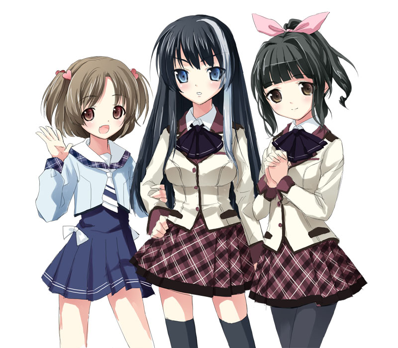 kimishima ao, original, 3girls, black hair, blue eyes, bow, brown eyes, brown hair, hair bow, long hair, multicolored hair, multiple girls, pantyhose, school uniform, short hair, two-tone hair, white hair