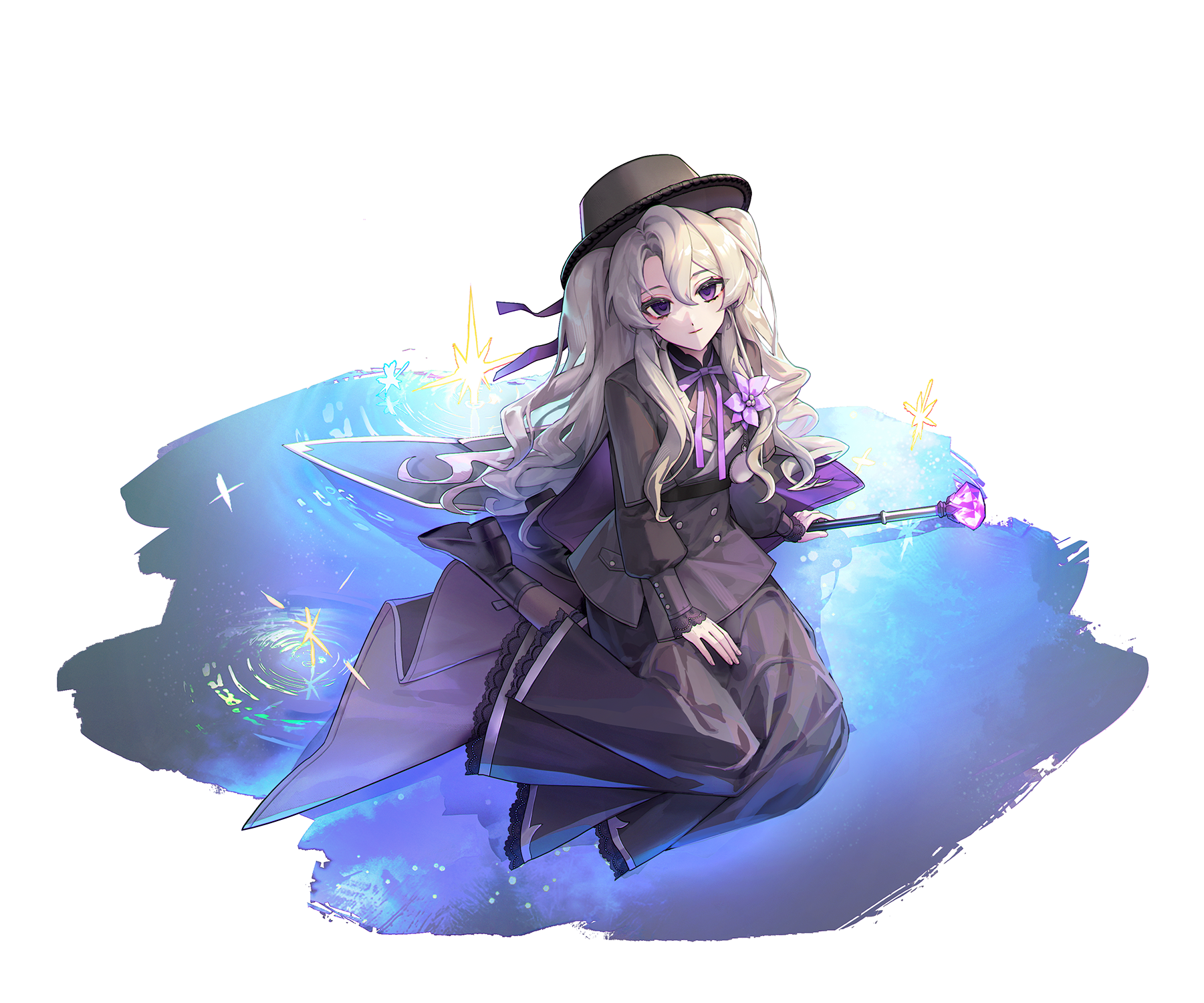 bamcream, original, commentary, commission, english commentary, highres, 1girl, black boots, black shirt, black skirt, blonde hair, boots, brown hat, closed mouth, flower, full body, hair between eyes, hair flower, hair ornament, hat, holding, holding staff, long hair, long sleeves, looking at viewer, neck ribbon, parted bangs, pink flower, pink ribbon, purple eyes, ribbon, shirt, simple background, sitting, skirt, smile, solo, staff, white background