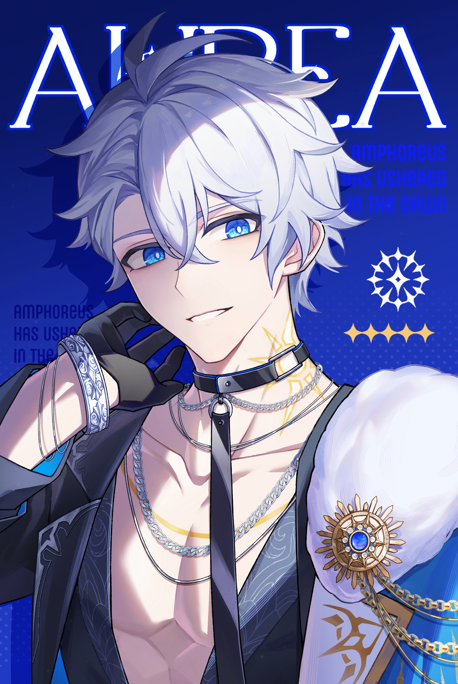 zhongzhijidi11046, phainon (honkai: star rail), honkai: star rail, honkai (series), absurdres, chinese commentary, commentary request, highres, 1boy, antenna hair, black choker, black gloves, black jacket, blue eyes, choker, gloves, greyscale, half gloves, jacket, looking at viewer, male focus, monochrome, neck tattoo, parted bangs, partially unbuttoned, pectoral cleavage, pectorals, short hair, solo, sun symbol, sun tattoo, tan, tattoo, upper body