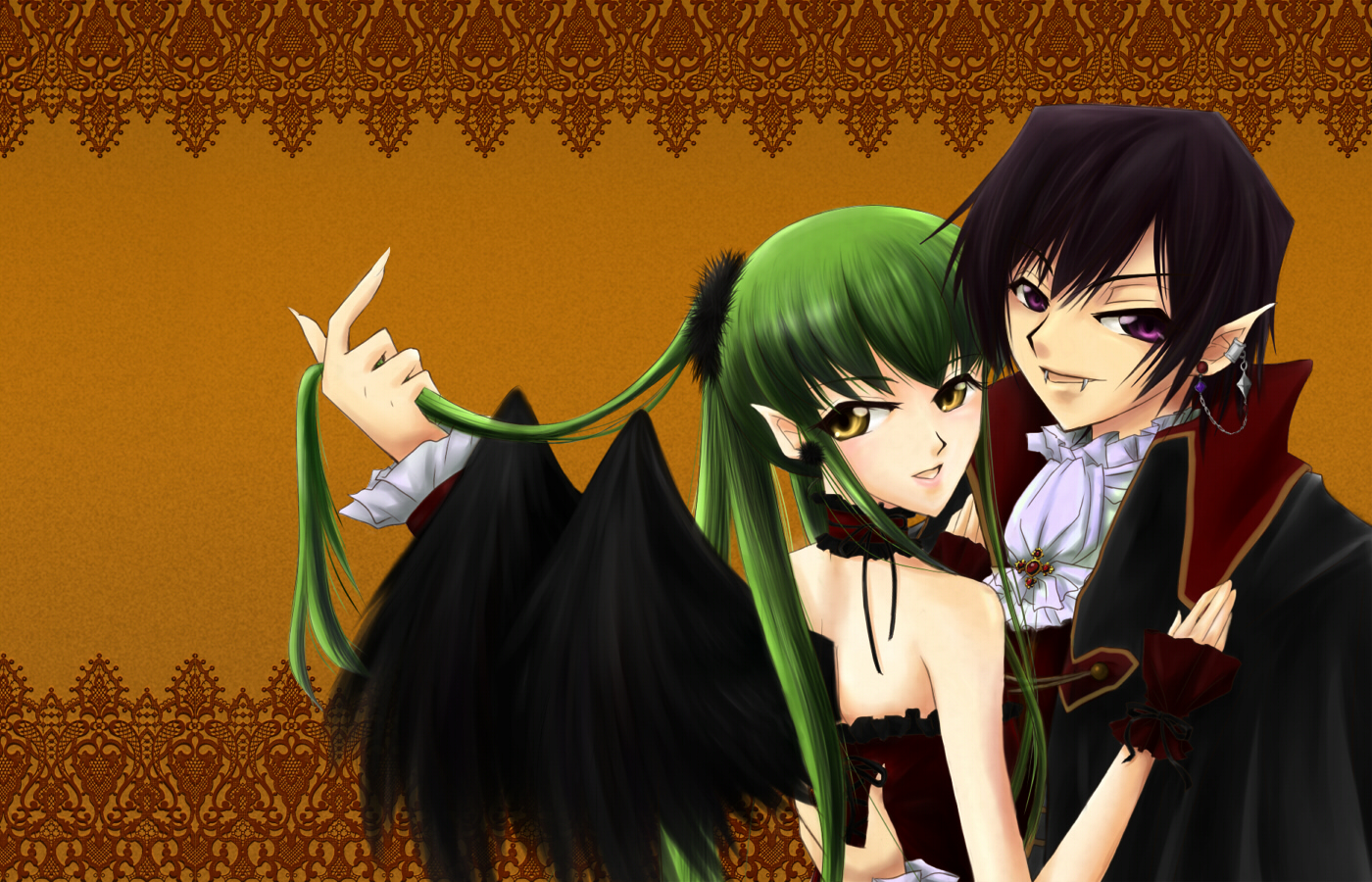 dahlia (tiamatdahlia), c.c., lelouch vi britannia, code geass, 00s, cape, dress, fangs, green hair, halloween, long hair, pointy ears, vampire, wings, yellow eyes