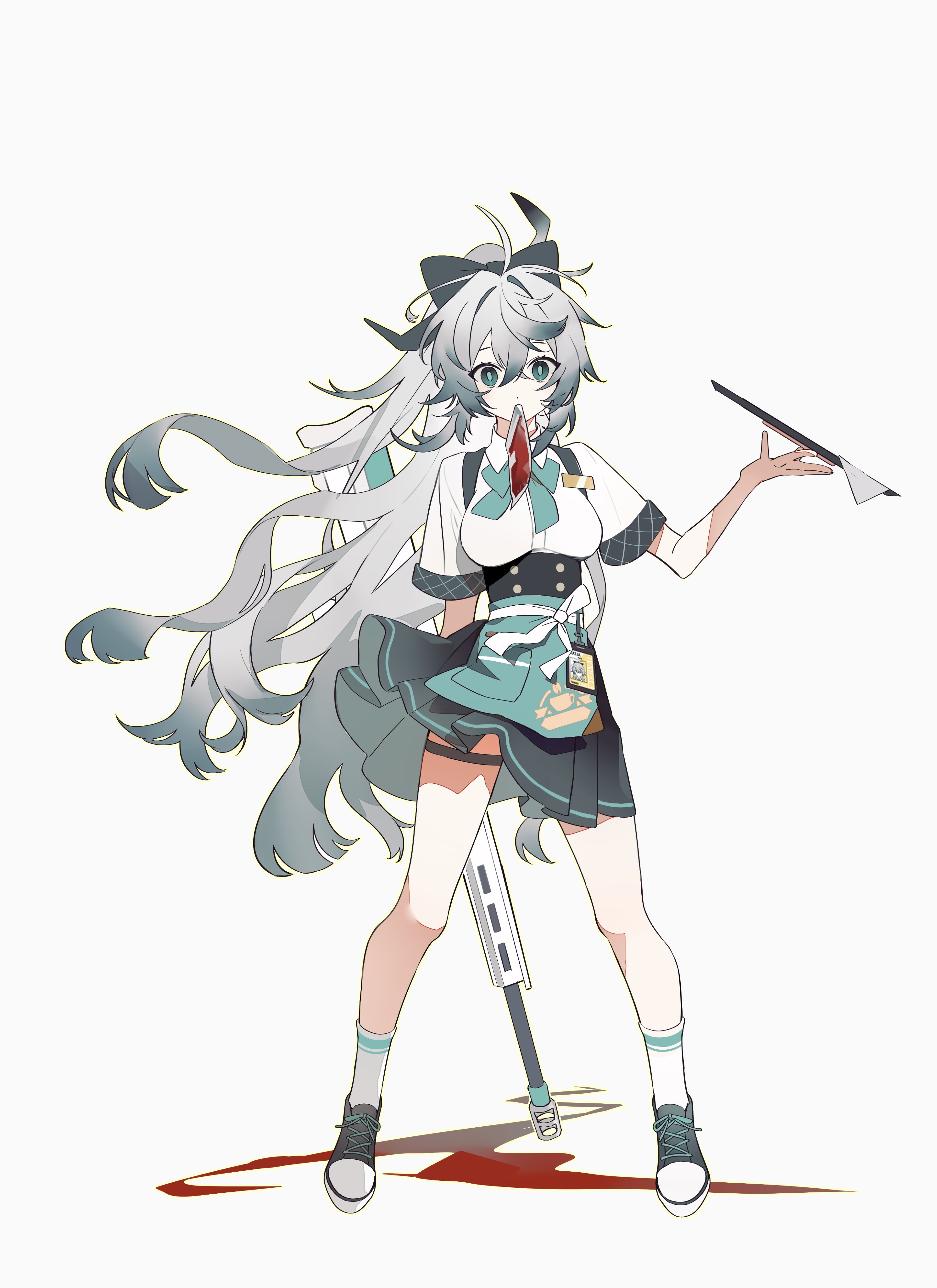 katja (black survival), black survival, eternal return: black survival, absurdres, highres, 1girl, alternate costume, apron, blood, blood bag, bloodyeee11, breasts, green apron, green eyes, green ribbon, green skirt, grey background, grey hair, medium breasts, ponytail, ribbon, shirt, simple background, skirt, socks, solo, thighs, white shirt, white socks