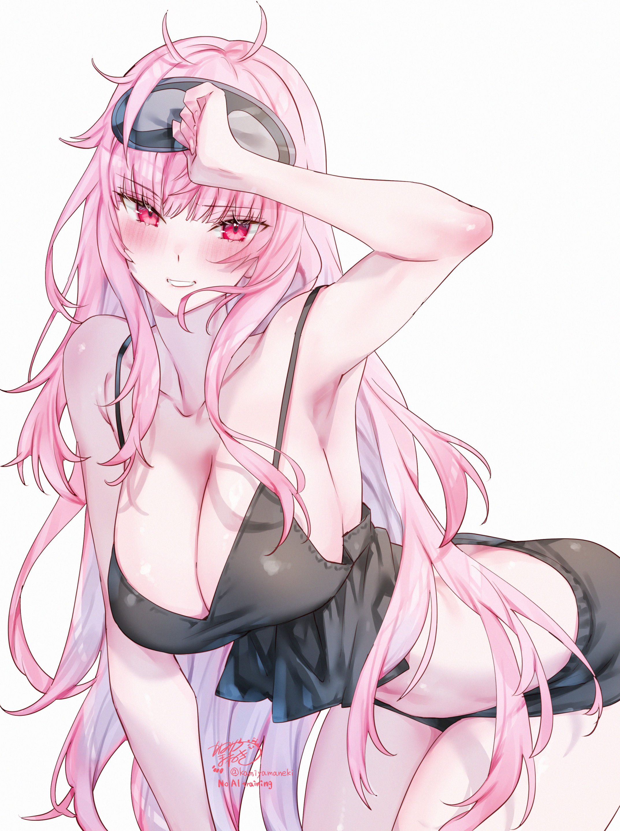 kamiya maneki, mori calliope, hololive, hololive english, absurdres, commentary, english commentary, highres, 1girl, artist name, bare shoulders, bent over, black mask, black nightgown, black shorts, blush, breasts, cleavage, collarbone, grin, huge breasts, long hair, looking at viewer, mask, mask on head, nightgown, pink eyes, pink hair, shorts, signature, simple background, sleep mask, smile, solo, thighs, twitter username, virtual youtuber, white background