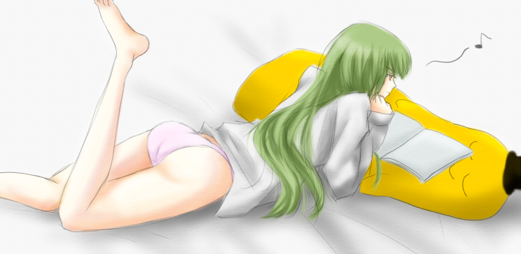 dahlia (tiamatdahlia), c.c., cheese-kun, code geass, pizza hut, 00s, 1girl, ass, barefoot, book, dress shirt, female focus, green hair, long hair, panties, shirt, solo, underwear, yellow eyes