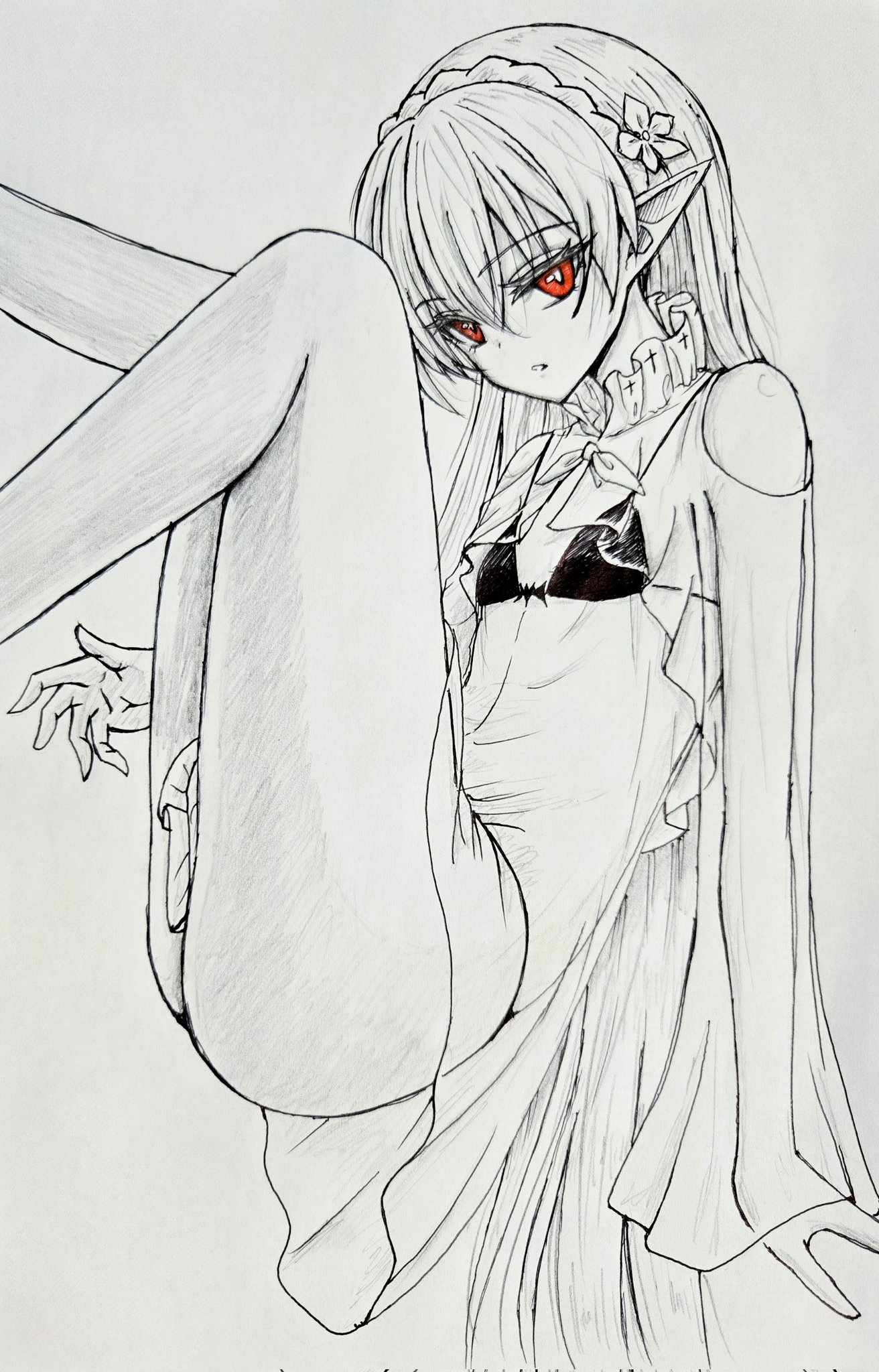 warfarin (arknights), warfarin (casual vacation) (arknights), arknights, graphite (medium), highres, traditional media, 1girl, bikini, braid, breasts, bright pupils, clothes between thighs, clothing cutout, cross, cross print, crown braid, expressionless, fetal position, flower, frills, grey background, greyscale, hair flower, hair ornament, long hair, long sleeves, looking at viewer, monochrome, parted lips, pointy ears, red eyes, shoulder cutout, sideboob, simple background, small breasts, solo, straight hair, string bikini, swimsuit, swimsuit cover-up, very long hair, wide sleeves, yumiya1129