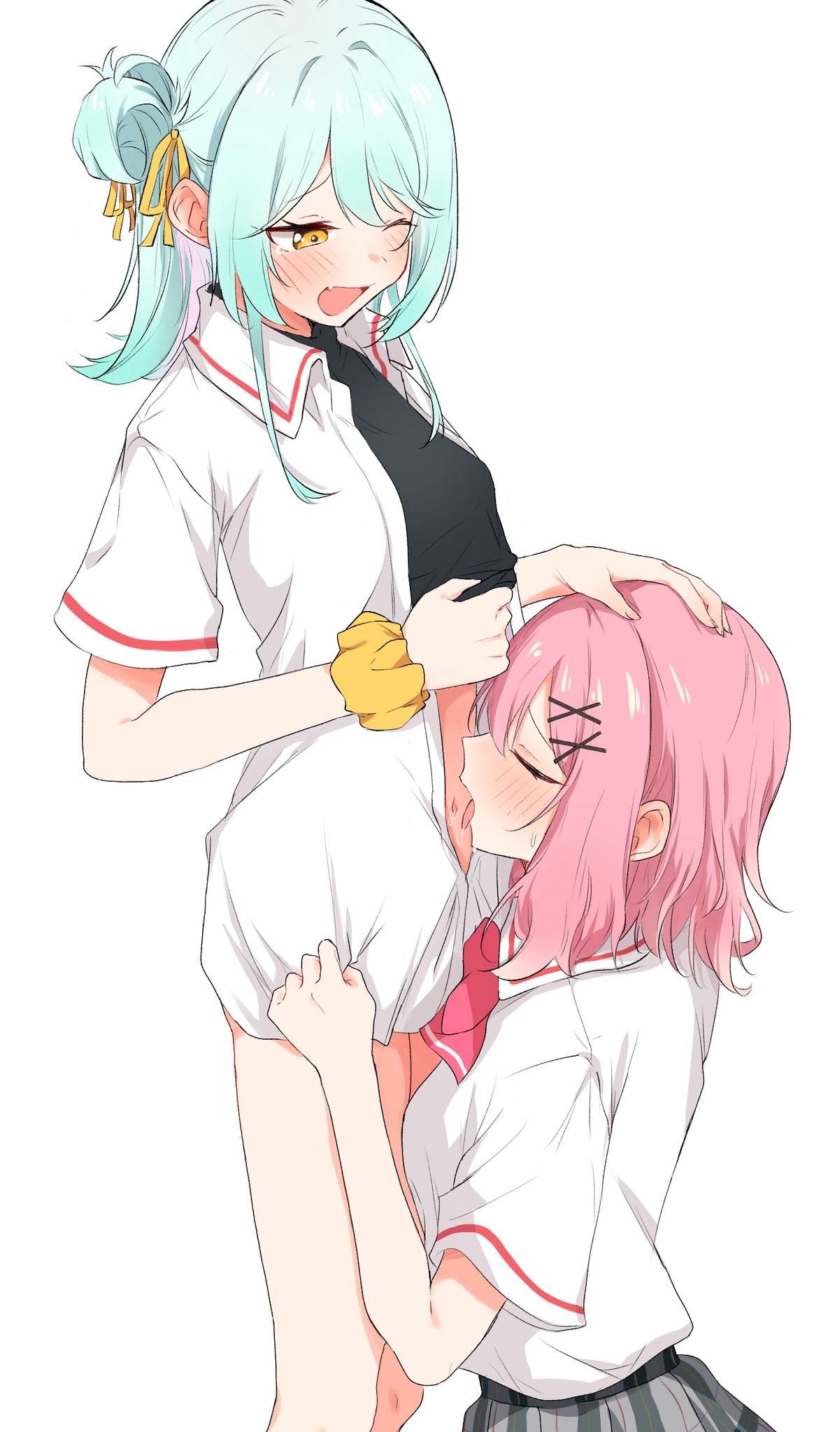 amaori renako, koyanagi kaho, watashi ga koibito ni nareru wake naijan murimuri!, highres, 2girls, aqua hair, ashigaya high school uniform, blush, bottomless, bow, bowtie, breasts, closed eyes, clothes lift, collared shirt, fang, hair bun, hair ornament, hair ribbon, hand on another's head, licking, licking stomach, lifting own clothes, multiple girls, navel, nuooooodoomo, one eye closed, open clothes, open mouth, open shirt, partially unbuttoned, pink hair, red bow, red bowtie, ribbon, saliva, school uniform, scrunchie, shirt, shirt lift, short hair, short sleeves, sidelocks, single side bun, skirt, smile, tongue, tongue out, undershirt, white shirt, wrist scrunchie, x hair ornament, yellow ribbon, yellow scrunchie, yuri