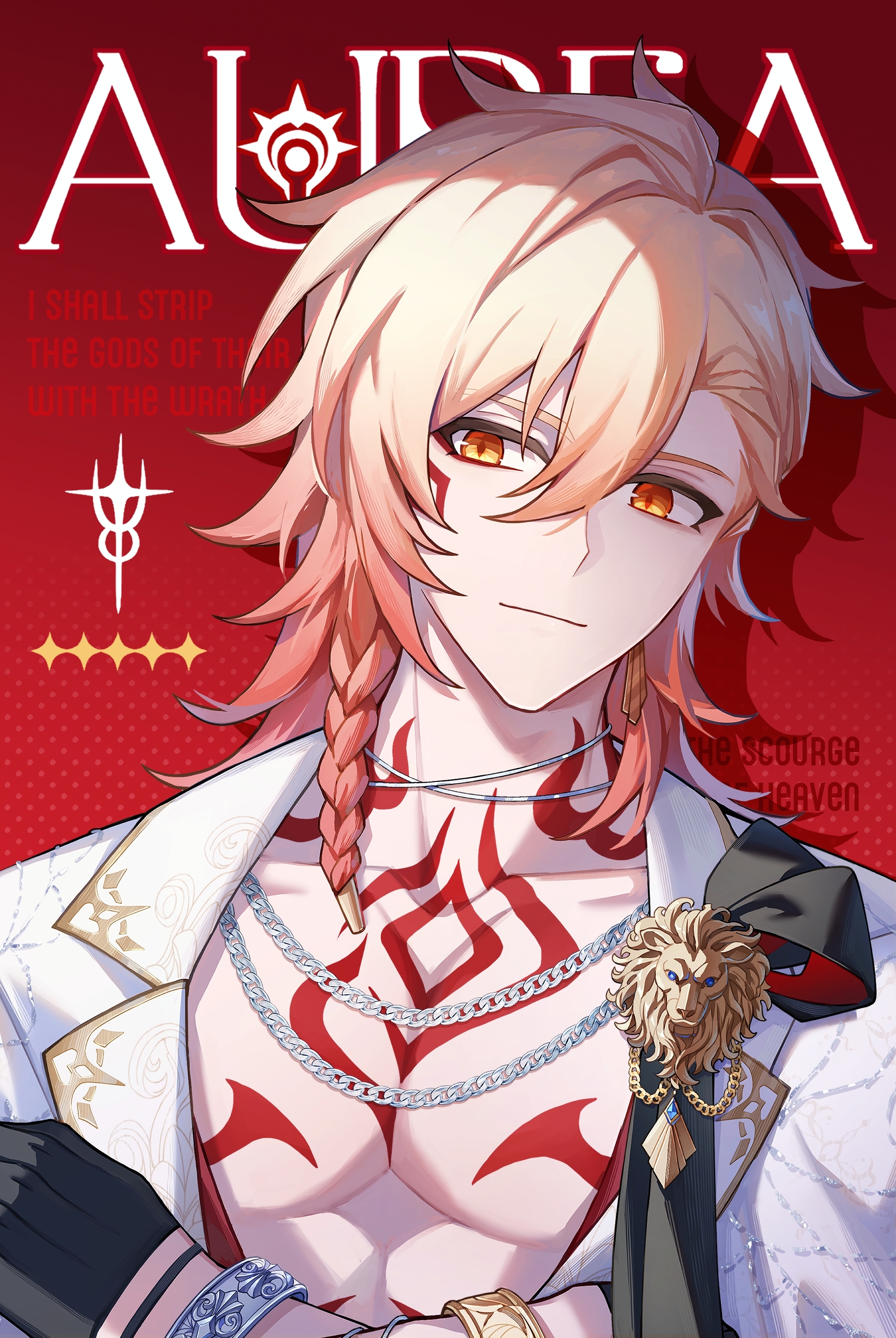 zhongzhijidi11046, mydei (honkai: star rail), honkai: star rail, honkai (series), absurdres, chinese commentary, commentary request, highres, 1boy, blonde hair, braid, chain, chain necklace, chest tattoo, earrings, facial tattoo, gold earrings, gradient hair, jacket, jewelry, male focus, medium hair, multicolored hair, necklace, partially unbuttoned, pectoral cleavage, pectorals, red hair, red tattoo, side braid, solo, tattoo, toned, toned male, white jacket, yellow eyes