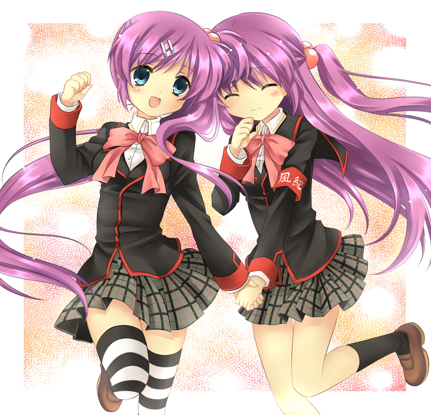 hanabana tsubomi, futaki kanata, saigusa haruka, little busters!, striped legwear, 2girls, armband, bow, closed eyes, hair bobbles, hair ornament, hairclip, half updo, holding hands, long hair, multiple girls, pink bow, plaid clothes, plaid skirt, purple hair, school uniform, siblings, side ponytail, sisters, skirt, smile, striped clothes, striped thighhighs, thighhighs, zettai ryouiki
