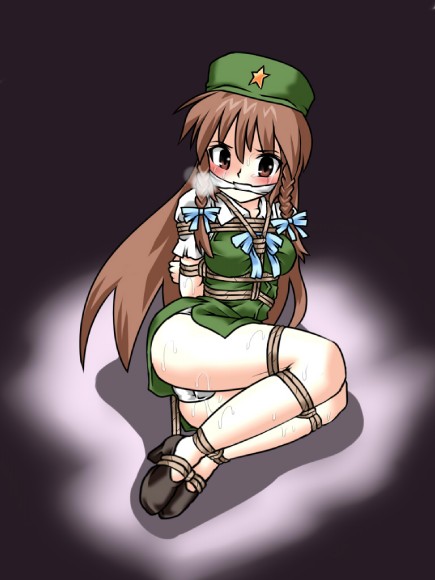lilish, hong meiling, embodiment of scarlet devil, touhou, 1girl, bdsm, blush, bondage, bound, cleave gag, cloth gag, female focus, gag, gagged, hogtie, improvised gag, panties, rope, shibari, shibari over clothes, solo, sweat, underwear