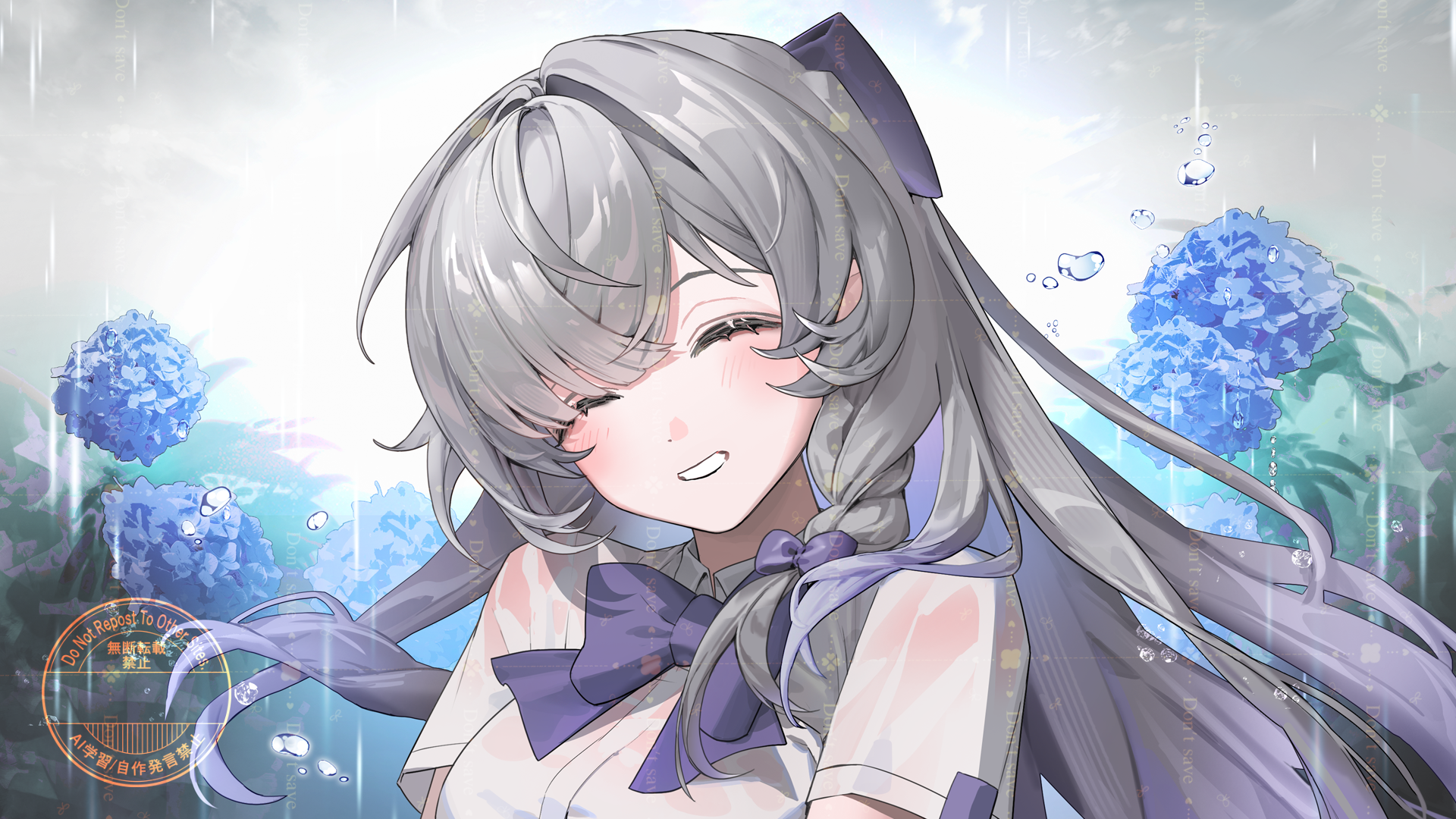 bamcream, character request, commentary, commentary request, copyright request, english commentary, highres, mixed-language commentary, 1girl, ^ ^, blush, bow, bowtie, braid, breasts, closed eyes, collared shirt, flower, grey hair, grin, hair bow, hydrangea, large breasts, long hair, portrait, purple bow, purple bowtie, rain, school uniform, shirt, short sleeves, single braid, smile, solo, virtual youtuber, wet, wet clothes, wet shirt, white shirt