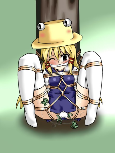 lilish, moriya suwako, pyonta, touhou, 1girl, bdsm, blush, bondage, bound, cleave gag, cloth gag, female focus, frog, frogtie, gag, gagged, hat, improvised gag, rope, shibari, shibari over clothes, solo, sweat, thighhighs