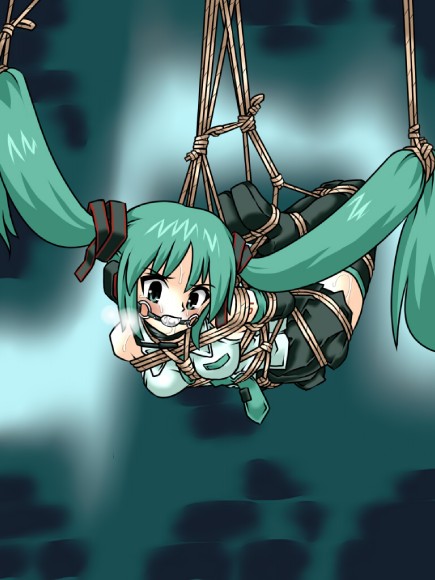 lilish, hatsune miku, vocaloid, 1girl, ball gag, bdsm, bondage, boots, bound, crotch rope, female focus, gag, gagged, green eyes, green hair, hogtie, long hair, matching hair/eyes, necktie, rope, shibari, shibari over clothes, solo, suspension, sweat, thigh boots, thighhighs, twintails, very long hair