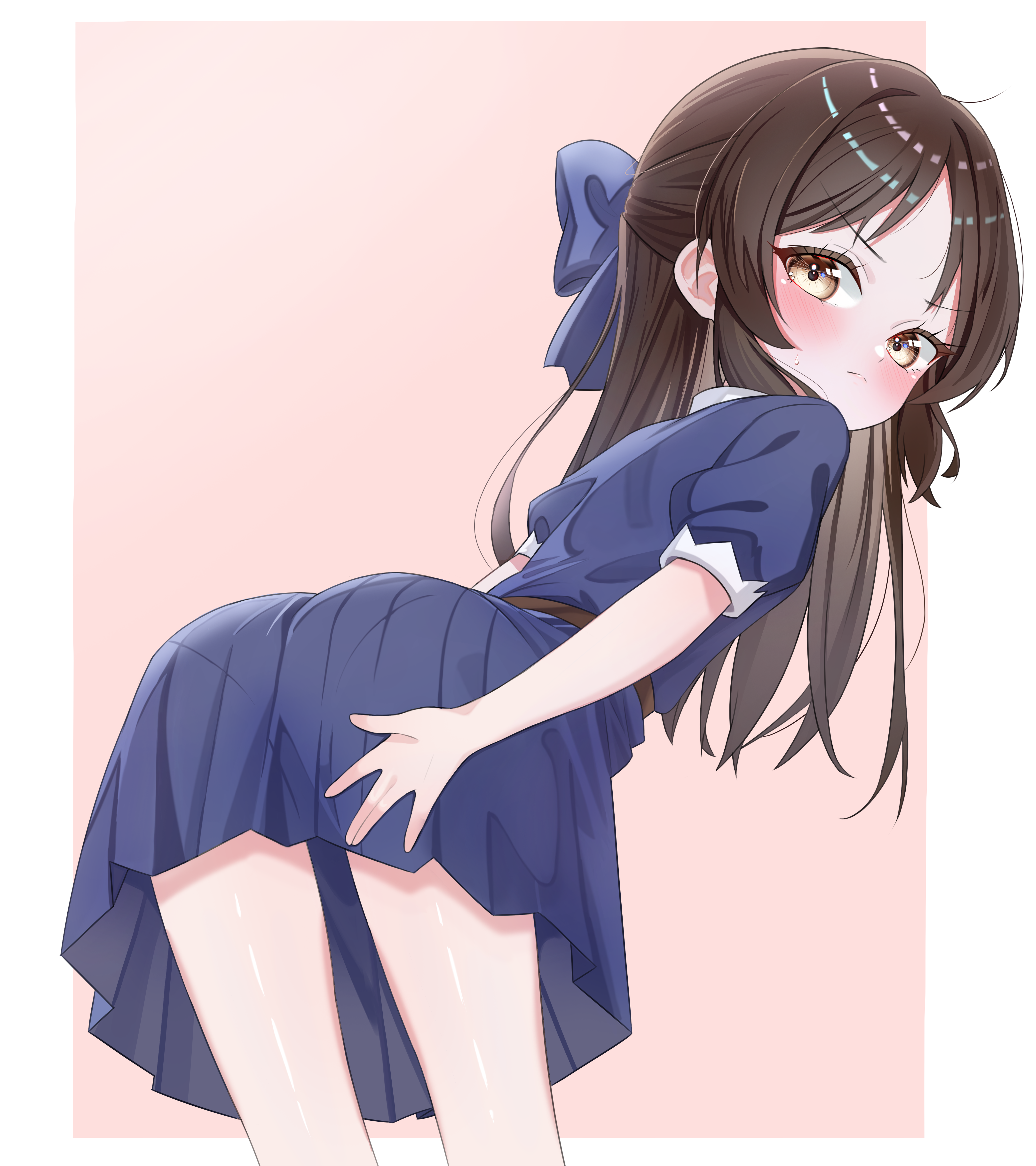 fella (vpffk0731), tachibana arisu, idolmaster, idolmaster cinderella girls, absurdres, commentary request, highres, 1girl, bare legs, blue bow, blue dress, blush, border, bow, brown hair, dress, hair bow, half updo, leaning forward, long hair, looking to the side, pantylines, pink background, short sleeves, simple background, solo, sweatdrop, white border