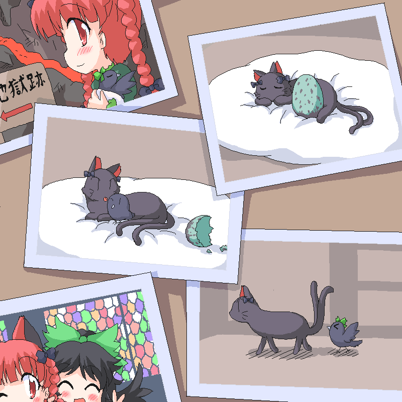 geetsu, kaenbyou rin, kaenbyou rin (cat), reiuji utsuho, reiuji utsuho (bird), touhou, 2girls, aged down, baby animal, bird, black bird, braid, broken egg, cat, chick, crow, egg, female focus, multiple girls, multiple tails, photo (object), tail, twin braids, two tails