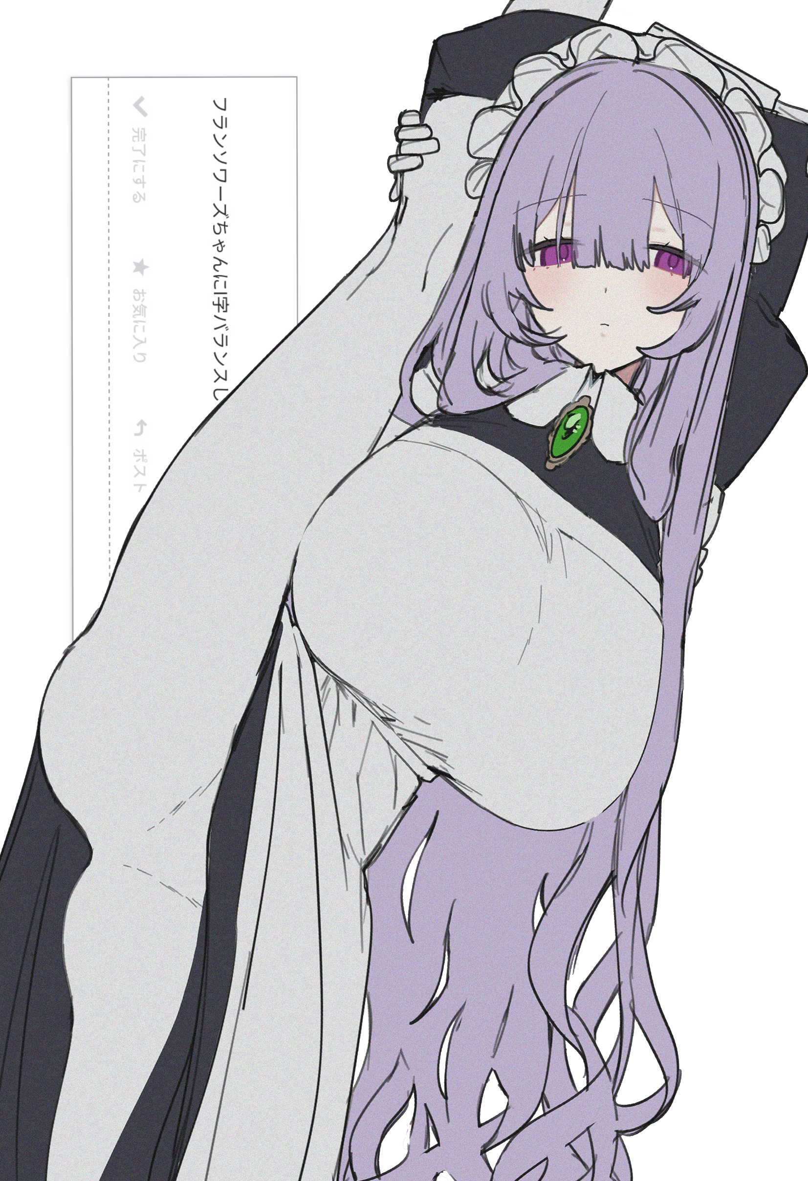 eurasia (wtp09ptw14), francoise (eurasia), original, absurdres, commentary request, highres, translation request, 1girl, apron, black dress, blush, breasts, brooch, closed mouth, collared dress, cowboy shot, dress, flexible, gem, green gemstone, grey apron, grey pantyhose, hair between eyes, huge breasts, jewelry, leg up, long bangs, long hair, long sleeves, looking at viewer, maid, maid headdress, pantyhose, purple eyes, purple hair, request inset, simple background, solo, split, standing, standing on one leg, standing split, very long hair, white background