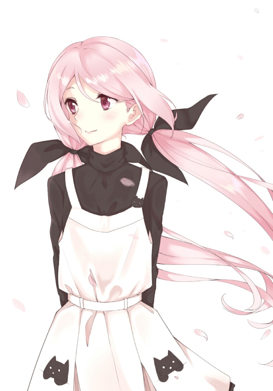 marsirome, minamisawa senri, chaos;child, science adventure, highres, 1girl, animal print, arms behind back, belt around waist, black ribbon, blush, cat print, cherry blossoms, closed mouth, dress, hair ribbon, long hair, long sleeves, petals, pinafore dress, pink hair, ribbon, simple background, sleeveless, sleeveless dress, smile, solo, twintails, upper body, white background, white dress