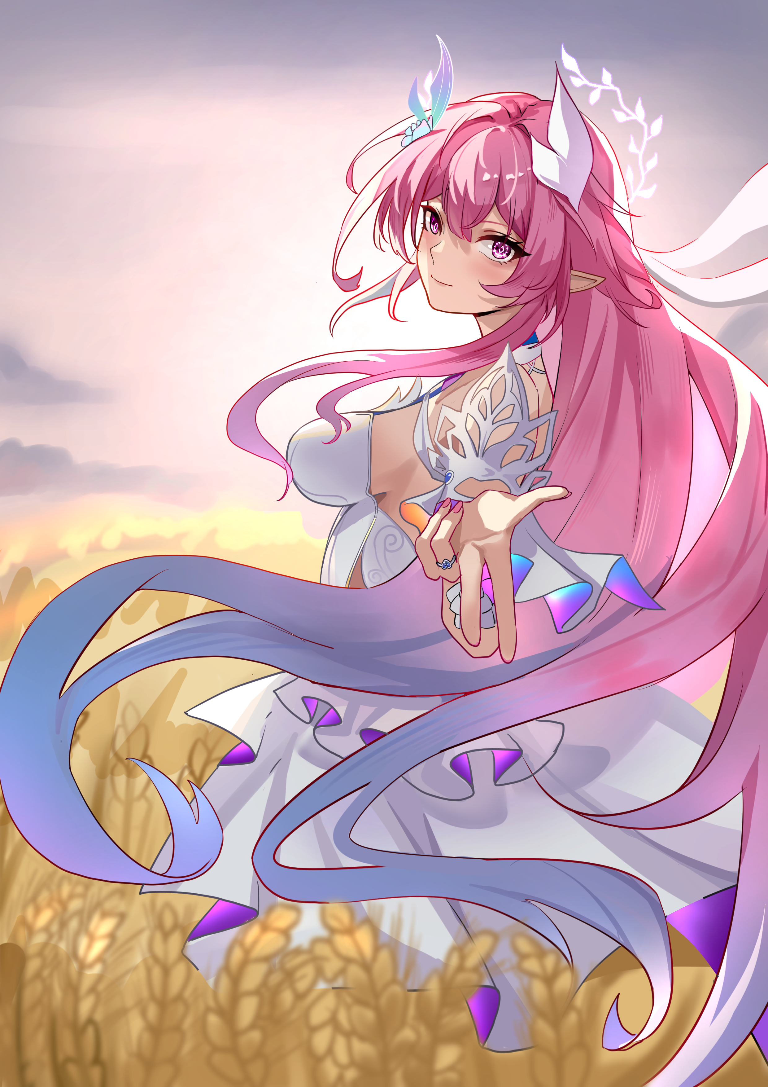 qingshi (jntw5555), cyrene (honkai: star rail), cyrene (ripples of past reverie) (honkai: star rail), honkai: star rail, honkai (series), absurdres, commentary request, highres, 1girl, bare shoulders, breasts, diamond-shaped pupils, diamond (shape), dress, flower, from side, grey sky, hair flower, hair ornament, halo, large breasts, long hair, looking at viewer, multiple boys, outdoors, pink hair, pink nails, pointy ears, purple eyes, purple hair, sideboob, sky, small breasts, solo, symbol-shaped pupils, very long hair, wheat, wheat field, white dress, white hair