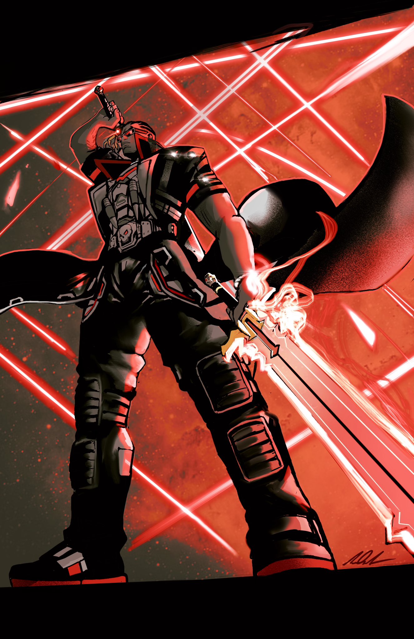 nikolas draper-ivey, blade (marvel), blade (series), marvel, marvel rivals, highres, 1boy, black hair, coat, dark-skinned male, dark skin, holding, holding sword, holding weapon, jacket, knee armor, male focus, short hair, sunglasses, sword, trench coat, vampire, weapon