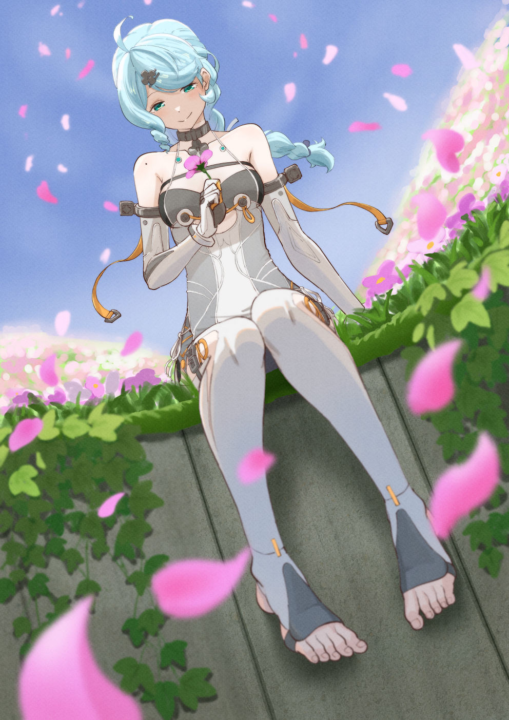 board coark, seed (zenless zone zero), zenless zone zero, toeless socks, highres, 1girl, bare shoulders, blue eyes, blue hair, blue sky, blush, closed mouth, clothing cutout, collar, detached sleeves, falling petals, feet, field, flower, flower field, flower hairpin, formal clothes, gloves, grass, hair ornament, hairpin, hand on ground, holding, holding flower, long hair, looking at flowers, mole, mole on shoulder, on ground, outdoors, petals, pink flower, purple flower, see-through dress layer, side cutout, sitting, sky, smile, solo, stirrup legwear, suit, thigh cutout, toeless legwear, toes, white flower, white gloves, white sleeves, white suit