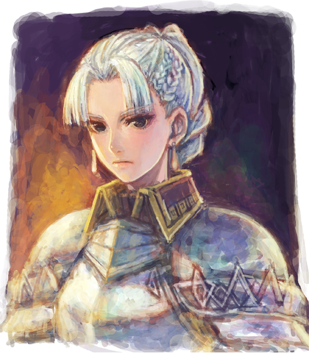 aoi nagi, meccol, chris lightfellow, gensou suikoden, gensou suikoden iii, french braid, bad id, bad pixiv id, 1girl, armor, braid, earrings, female focus, hair bun, jewelry, single hair bun, solo, white hair