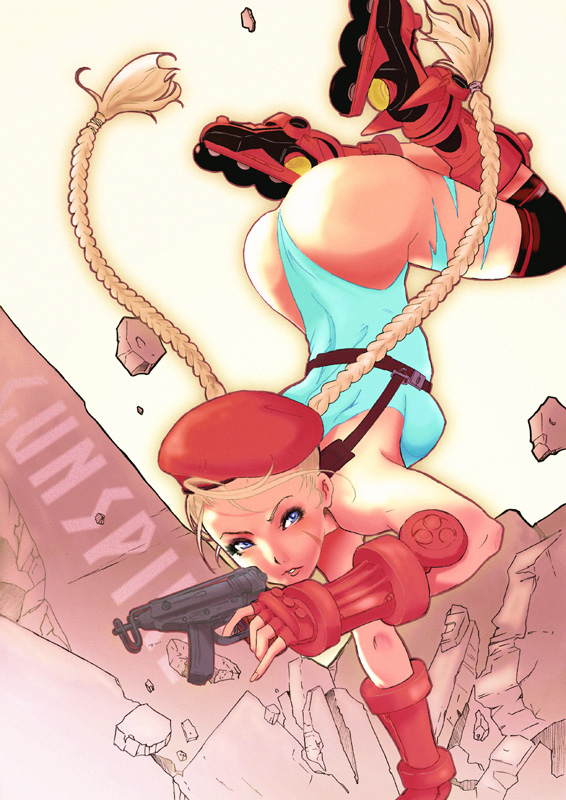 okazuwa shake, cammy white, capcom, gunspike, street fighter, 1girl, ass, beret, blonde hair, blue eyes, blue leotard, braid, female focus, fingerless gloves, gloves, gun, hat, inline skates, leotard, long hair, roller skates, skates, skorpion vz. 61, solo, submachine gun, twin braids, weapon