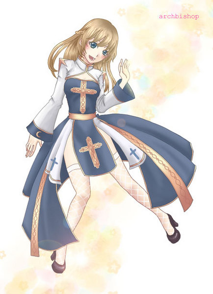 arch bishop (ragnarok online), ragnarok online, 1girl, blonde hair, blue eyes, character name, female focus, green eyes, half updo, high heels, laughing, long hair, shoes, solo, thighhighs