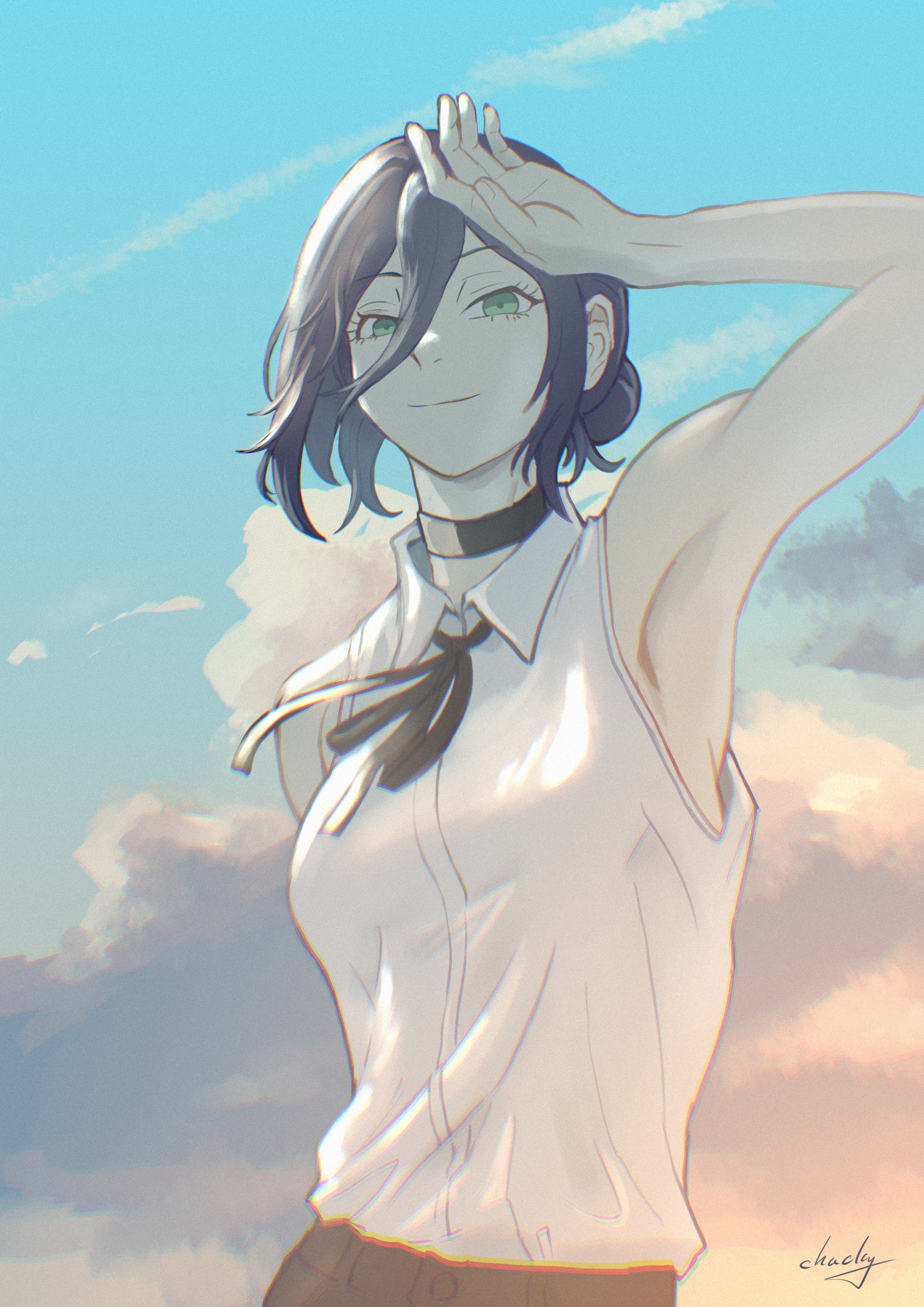 chucky (chucky1000sun), reze (chainsaw man), chainsaw man, absurdres, commentary request, highres, 1girl, arm up, armpits, black choker, black hair, black ribbon, breasts, choker, cloud, collared shirt, green eyes, hair between eyes, light smile, long hair between eyes, looking at viewer, neck ribbon, outdoors, ribbon, shirt, shirt tucked in, signature, sleeveless, sleeveless shirt, small breasts, solo, white shirt
