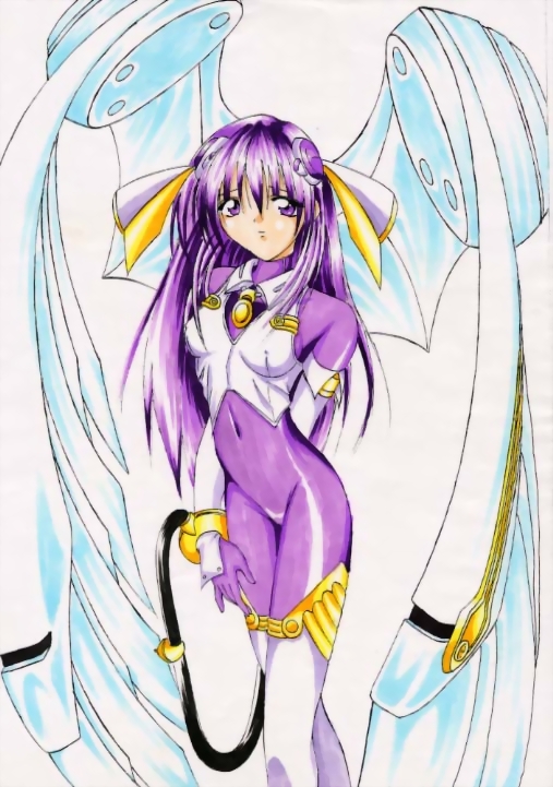 kizuyomina asayuki, blazing star, 1girl, blush, bodysuit, brooch, brown eyes, covered navel, female focus, gem, jewelry, looking at viewer, mechanical wings, purple bodysuit, purple hair, sidelocks, simple background, skin tight, solo, white background, wings