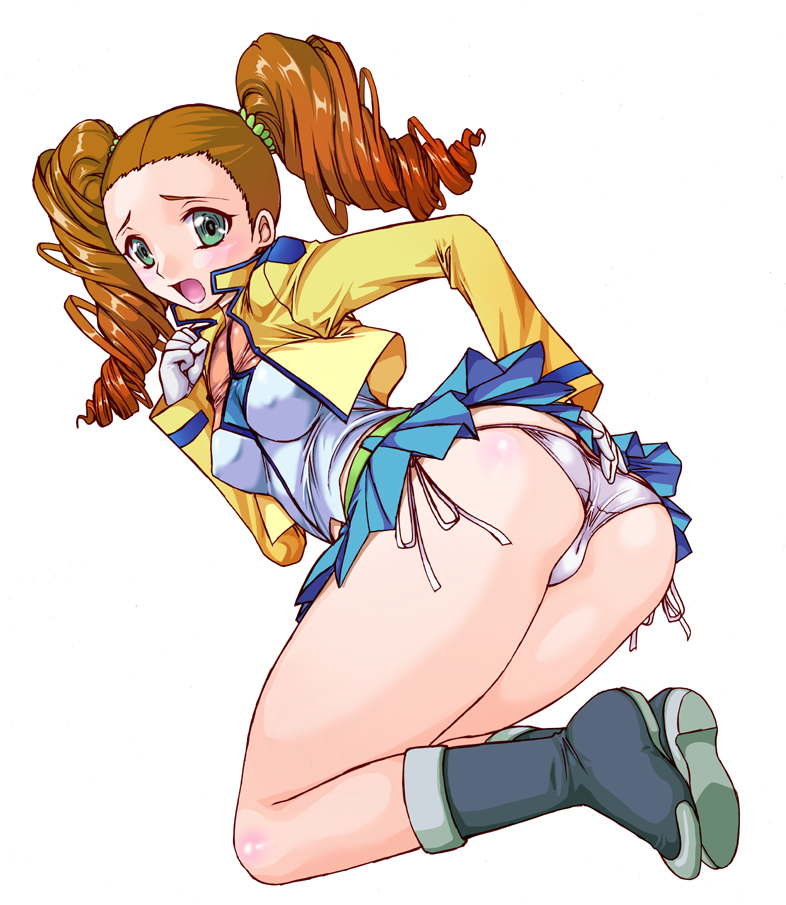juubaori mashumaro, mileina vashti, gundam, gundam 00, 00s, 1girl, ass, brown hair, drill hair, female focus, gloves, green eyes, panties, side-tie panties, solo, twintails, underwear