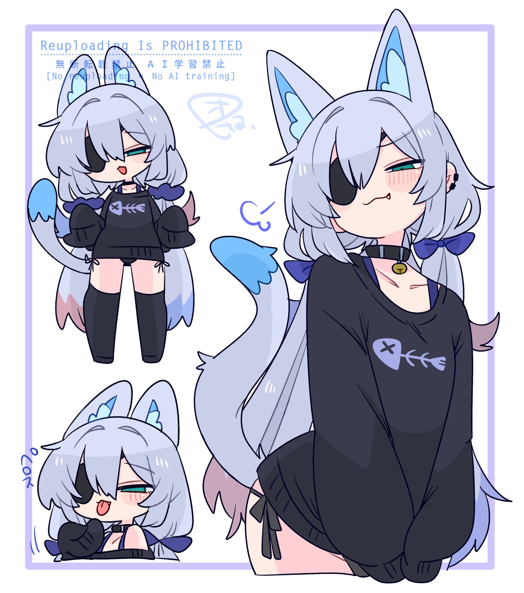 op na yarou, original, commentary, highres, 1boy, :3, animal ear fluff, animal ears, bell, black choker, black collar, black panties, black sweater, black thighhighs, blue bow, blue eyes, blue hair, blue scrunchie, blush, bow, bra strap, bulge, cat boy, cat ears, cat tail, choker, collar, collarbone, colored inner animal ears, colored tips, cowboy shot, crossdressing, crossdressing (mtf), earclip, extra ears, eyepatch, fang, fish skeleton, fish skeleton print, flipped hair, full body, furrowed brow, grey hair, hair between eyes, hair bow, hair intakes, hair ornament, hair scrunchie, hand up, hands up, light blush, long hair, long sleeves, looking at viewer, male focus, multicolored hair, multiple views, narrowed eyes, neck bell, no nose, no pants, one eye covered, open mouth, panties, panty peek, portrait, print sweater, puff of air, quad tails, raised eyebrows, red hair, rigel (op na yarou), scrunchie, side-tie panties, sidelocks, simple background, sleeves past fingers, sleeves past wrists, standing, straight hair, sweater, tail, thighhighs, tongue, tongue out, trap, underwear, v arms, very long hair, watermark, white background
