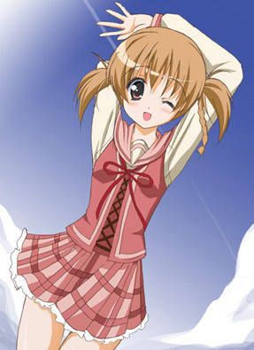 hyuuga kizuna, strawberry panic!, lowres, 00s, 1girl, arms up, dutch angle, female focus, long sleeves, one eye closed, open mouth, orange hair, school uniform, skirt, smile, solo, sunlight
