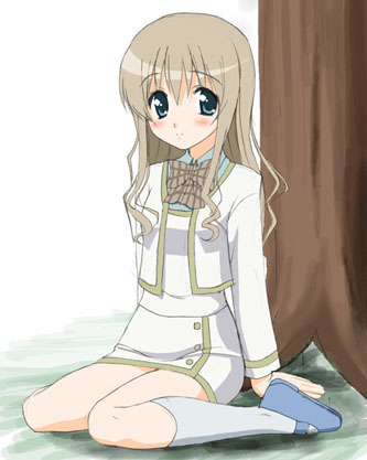konohana hikari, strawberry panic!, lowres, 00s, 1girl, blonde hair, blush, female focus, long hair, long sleeves, looking at viewer, miniskirt, school uniform, sitting, skirt, smile, solo, tree, wariza, white background