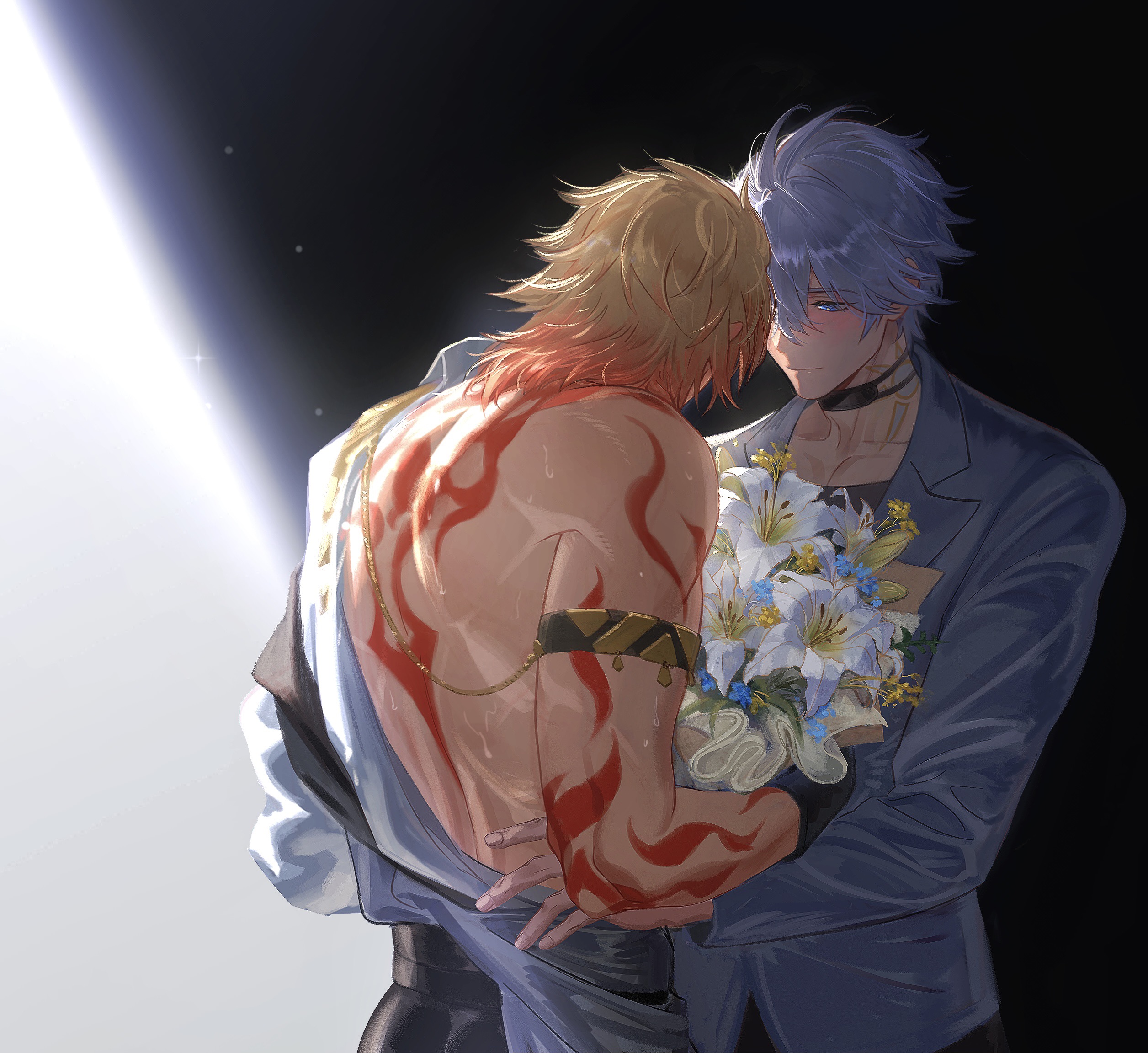 nlllllllll0216, mydei (honkai: star rail), phainon (honkai: star rail), honkai: star rail, honkai (series), commentary, english commentary, highres, 2boys, antenna hair, arm tattoo, armlet, back tattoo, black choker, black pants, black shirt, blonde hair, blue eyes, bouquet, braid, choker, coat, flower, gradient hair, hand on another's waist, holding, holding bouquet, jacket, jewelry, male focus, medium hair, multicolored hair, multiple boys, neck tattoo, open clothes, open coat, pants, parted bangs, red hair, red tattoo, shirt, short hair, side braid, sun symbol, sun tattoo, tan, tattoo, toned, toned male, white coat, white hair, white jacket, yaoi