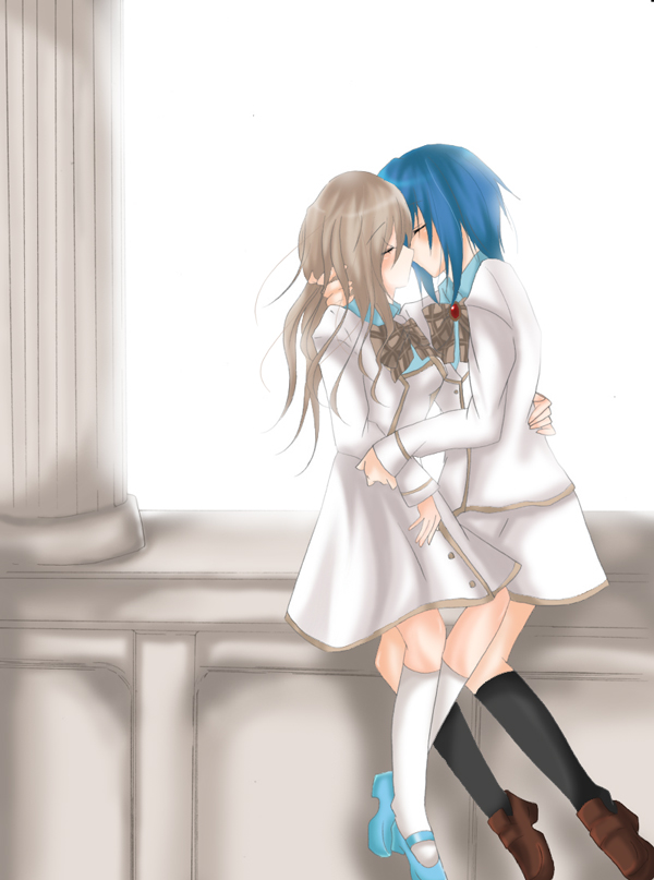 konohana hikari, ootori amane, strawberry panic!, white legwear, 00s, 2girls, black socks, blue hair, bow, closed eyes, dress, female focus, hand on another's head, kiss, kneehighs, multiple girls, school uniform, sitting, socks, white dress, yuri