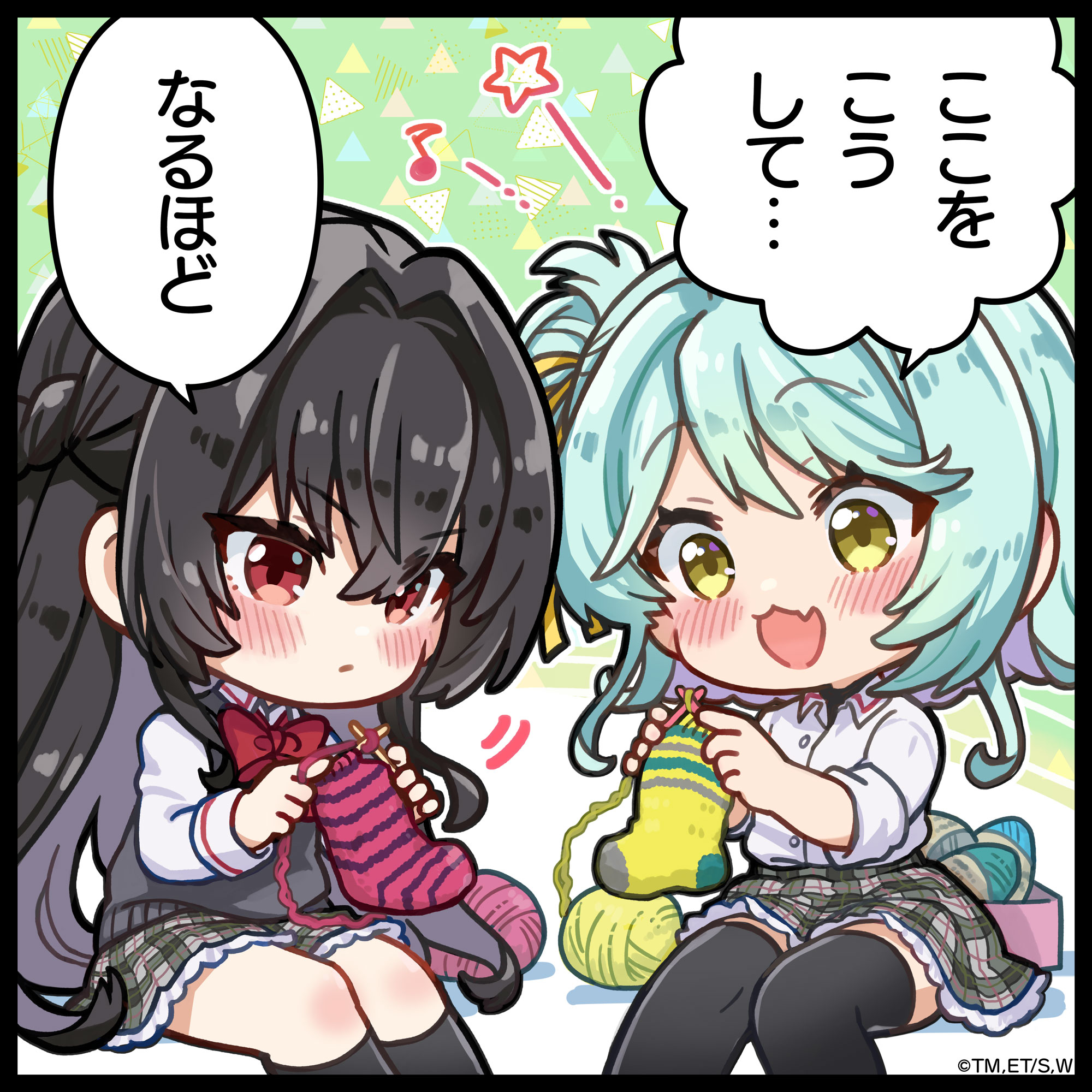 fukube, koto satsuki, koyanagi kaho, watashi ga koibito ni nareru wake naijan murimuri!, highres, official art, translation request, 2girls, aqua hair, black hair, blush, chibi, fang, guest art, knitting, knitting needle, multiple girls, needle, school uniform, sitting, skin fang
