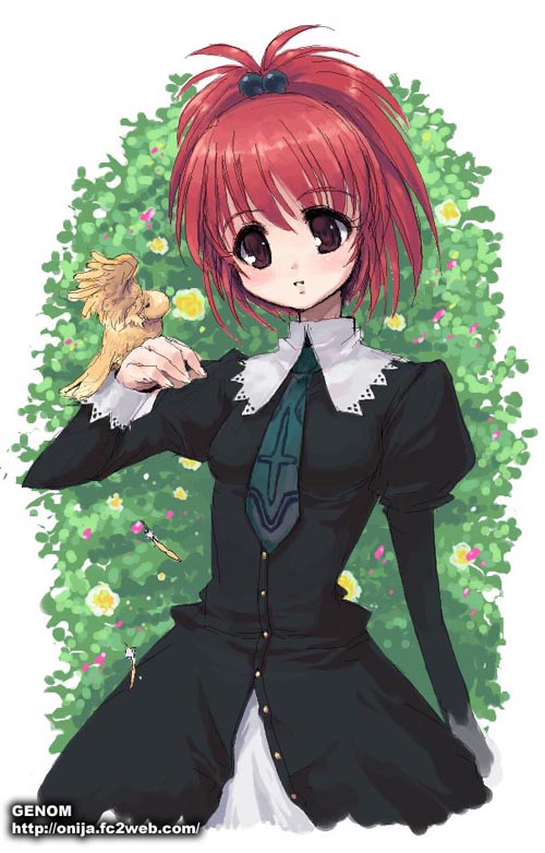aoi nagisa, strawberry panic!, artist request, source request, 00s, 1girl, animal, bird, bird on hand, black dress, blush, brown eyes, bush, buttons, dress, female focus, flower, green necktie, high collar, juliet sleeves, lace, long sleeves, necktie, outdoors, parted lips, plant, ponytail, puffy sleeves, red hair, school uniform, short hair, solo, watermark, web address