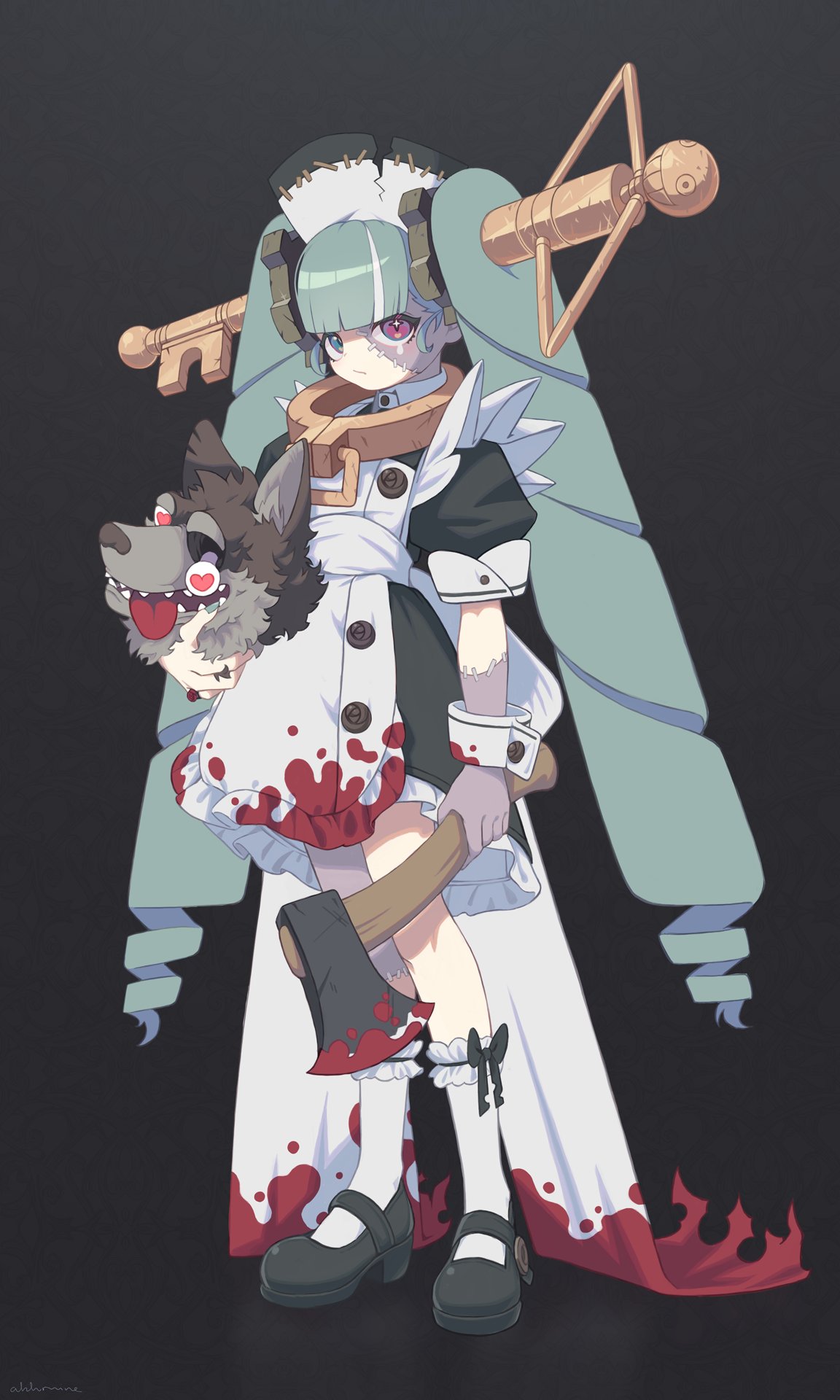 anocco, hatsune miku, vocaloid, highres, + +, 1girl, alternate costume, apron, aqua hair, axe, black background, black dress, black shoes, blood, blood on clothes, bloody weapon, blue eyes, blunt bangs, closed mouth, decapitation, dress, drill hair, enmaided, frilled dress, frilled socks, frills, full body, gear hair ornament, hat, hatchet (axe), heterochromia, holding, holding axe, key hair ornament, maid, maid apron, mary janes, multicolored hair, nurse cap, pout, puffy short sleeves, puffy sleeves, purple eyes, shoes, short sleeves, simple background, socks, solo, standing, stitched arm, stitched face, stitches, streaked hair, teardrop, twin drills, weapon, white apron, white socks, white wrist cuffs, wolf, wrist cuffs
