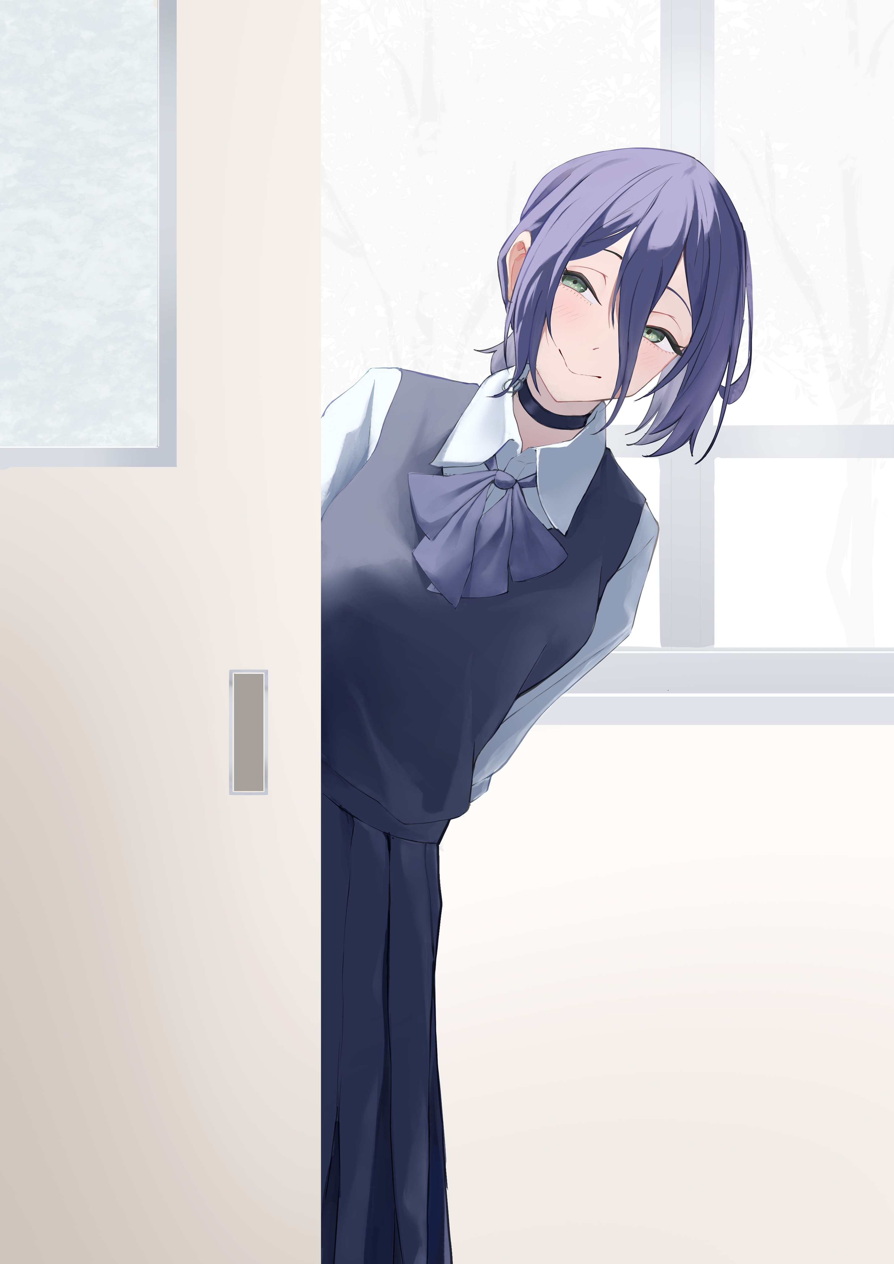 gusa, reze (chainsaw man), chainsaw man, absurdres, commentary request, highres, partial commentary, 1girl, black choker, black dress, black ribbon, blue hair, blush, choker, dress, dress shirt, green eyes, grenade pin, hair between eyes, indoors, long hair between eyes, neck ribbon, pleated dress, ribbon, school uniform, shirt, smile, solo, white shirt