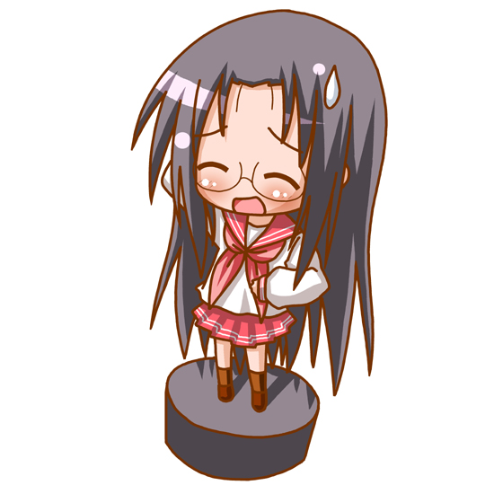 minami (colorful palette), tamura hiyori, lucky star, 00s, black hair, chibi, glasses, long hair, school uniform, serafuku, solo, sweatdrop