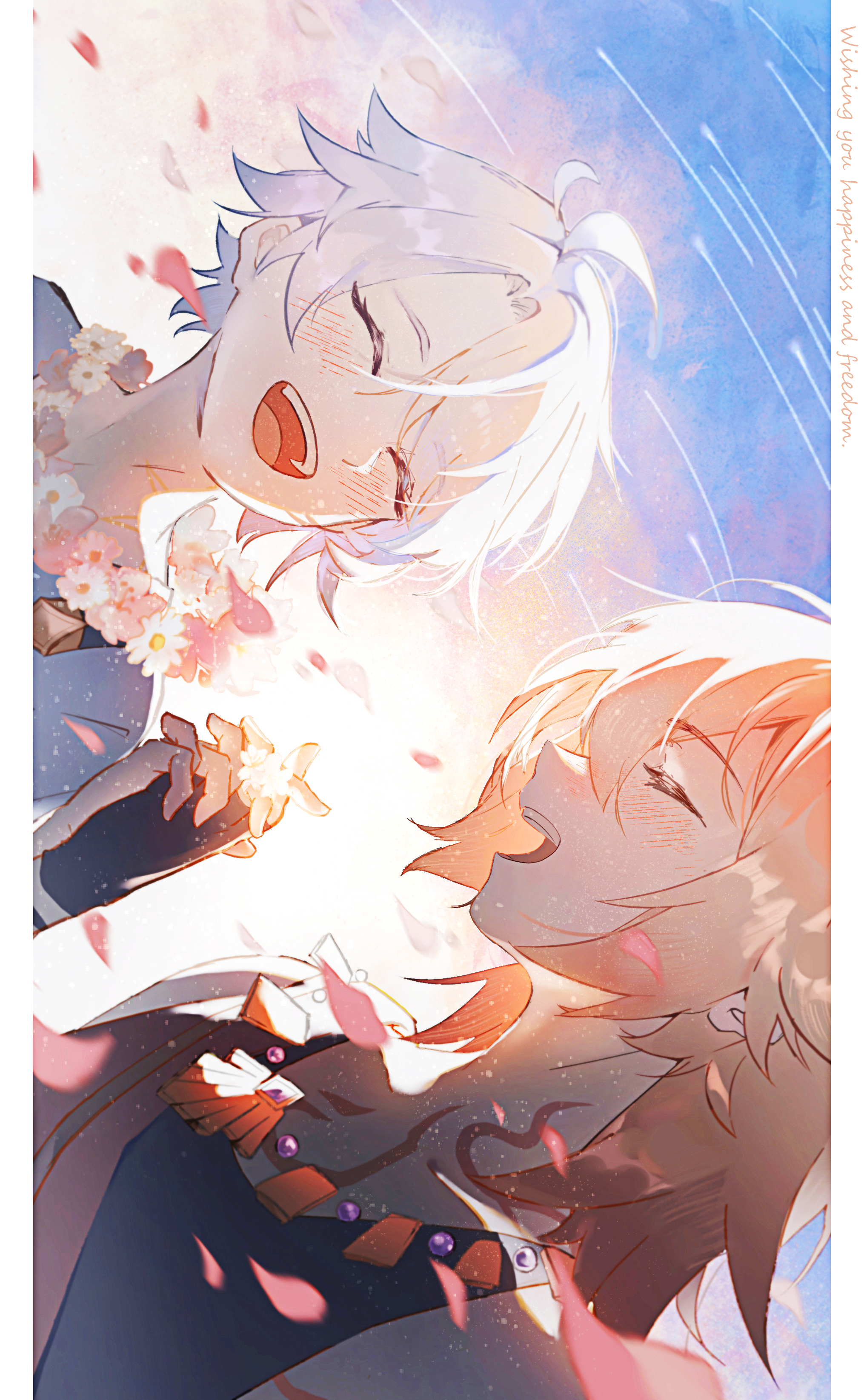 mydei (a trail of bygone blood) (honkai: star rail), mydei (honkai: star rail), phainon (a dream scented in wheat) (honkai: star rail), phainon (honkai: star rail), honkai: star rail, honkai (series), absurdres, chinese commentary, commentary request, highres, 2boys, aged down, antenna hair, black gloves, blonde hair, blue sky, blush, chest tattoo, closed eyes, facial tattoo, falling petals, fingerless gloves, gloves, gradient hair, grey shirt, hadanugi dousa, holding hands, male focus, medium hair, multicolored hair, multiple boys, official alternate costume, open kimono, parted bangs, petals, red hair, red tattoo, shirt, short hair, sky, tattoo, white hair, zadouyourenya