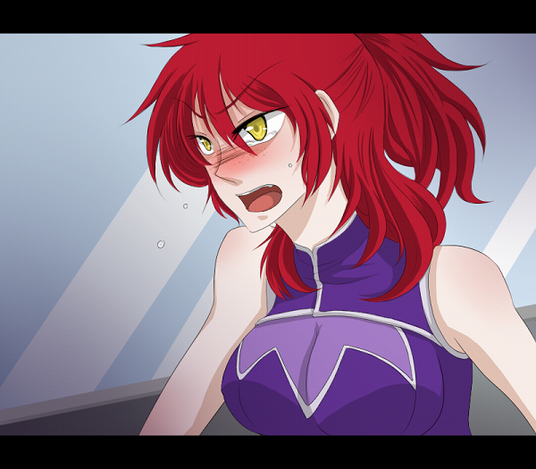 nnnl, nena trinity, gundam, gundam 00, 00s, angry, blush, breasts, cleavage, freckles, large breasts, letterboxed, red hair, solo, yellow eyes
