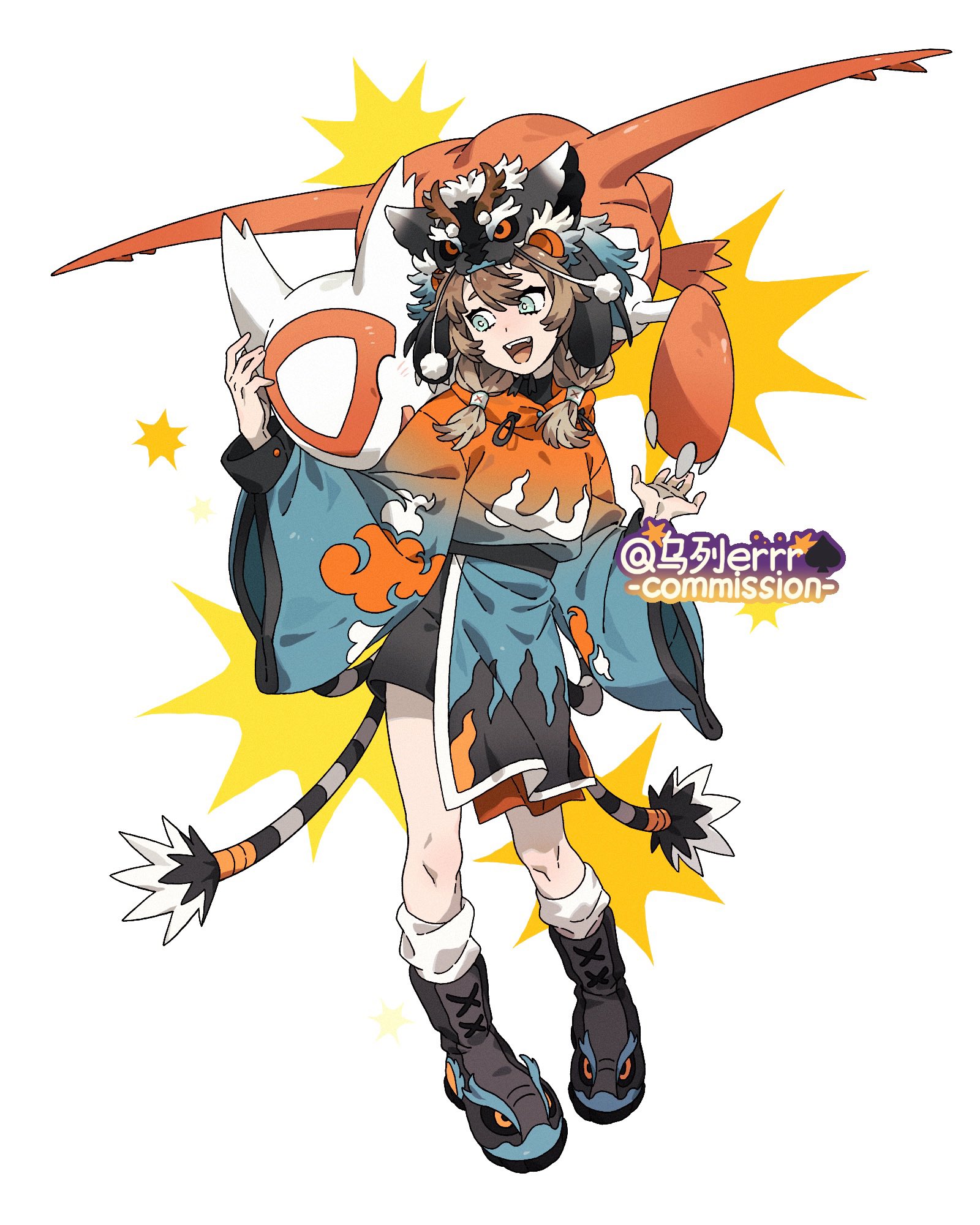wulie errr, latias, nintendo, pokemon, highres, 1girl, :d, animal hat, black boots, black hat, black shorts, blue dress, blue eyes, boots, brown hair, claws, closed eyes, dragon, dress, flying, full body, gen 3 pokemon, hat, hood, hoodie, hug, legendary pokemon, long hair, looking at another, low-tied long hair, open mouth, pokemon (creature), shorts, shorts under dress, simple background, smile, socks, standing, white background, white socks, wide sleeves