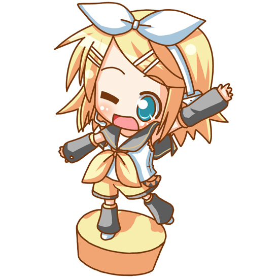 minami (colorful palette), kagamine rin, vocaloid, blonde hair, blue eyes, chibi, detached sleeves, hair ribbon, one eye closed, ribbon, solo, wink