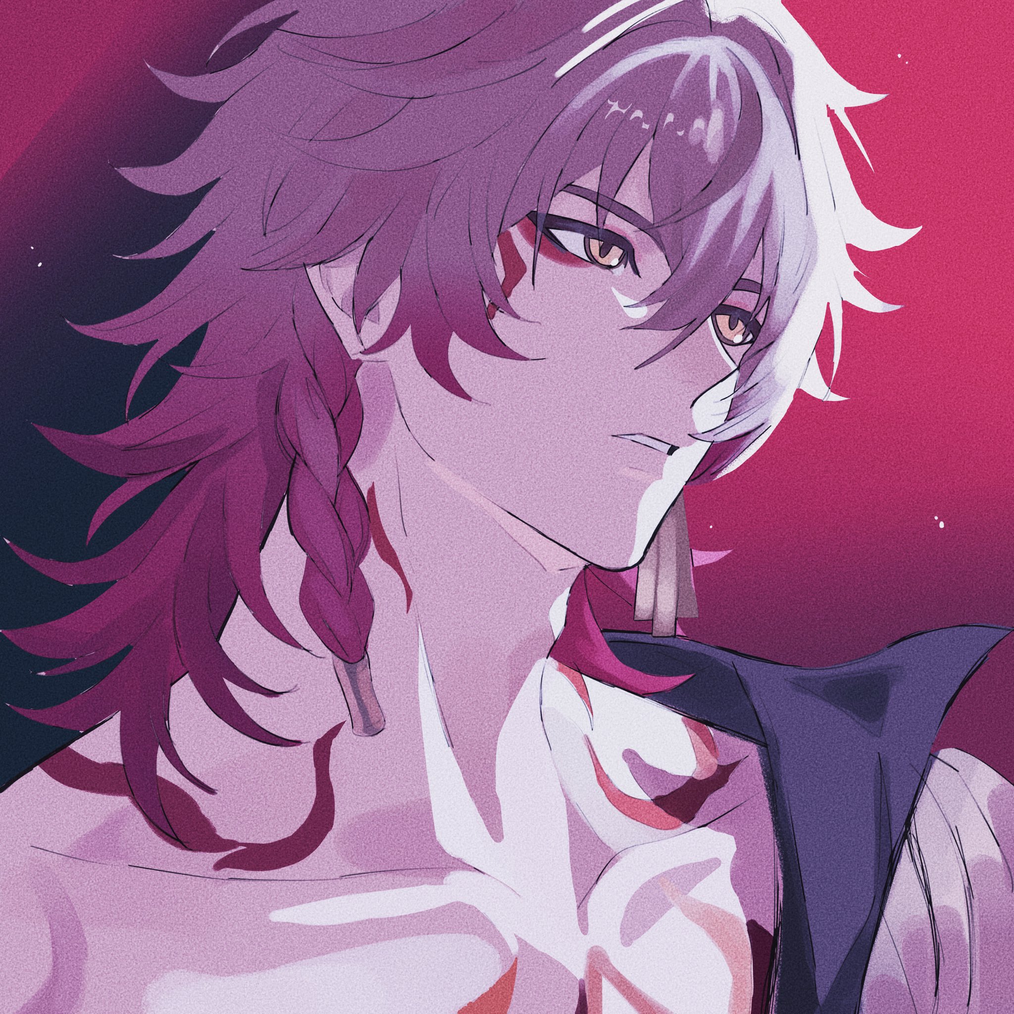 mydei (honkai: star rail), honkai: star rail, honkai (series), commentary, english commentary, highres, 1boy, black coat, blonde hair, braid, clawed gauntlets, coat, facial tattoo, gradient hair, looking to the side, male focus, medium hair, multicolored hair, neck tattoo, open clothes, open coat, parted lips, phainonsgirlie, red hair, red tattoo, side braid, solo, tattoo, yellow eyes