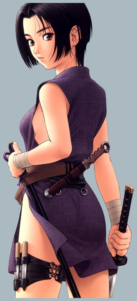 teiku (take), 1girl, belt, black hair, breasts, brown eyes, dagger, female focus, katana, knife, looking back, ninja, short hair, sideboob, small breasts, solo, sword, thigh strap, weapon
