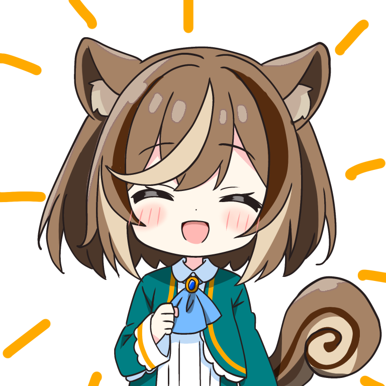 kotatsu-mazoku, original, commentary request, 1girl, :d, ^ ^, animal ears, ascot, blue ascot, blush, brown hair, closed eyes, collared shirt, dot nose, facing viewer, green jacket, hand up, jacket, long sleeves, open clothes, open jacket, open mouth, shirt, short hair, simple background, smile, solo, squirrel ears, squirrel girl, squirrel tail, tail, upper body, white background, white shirt