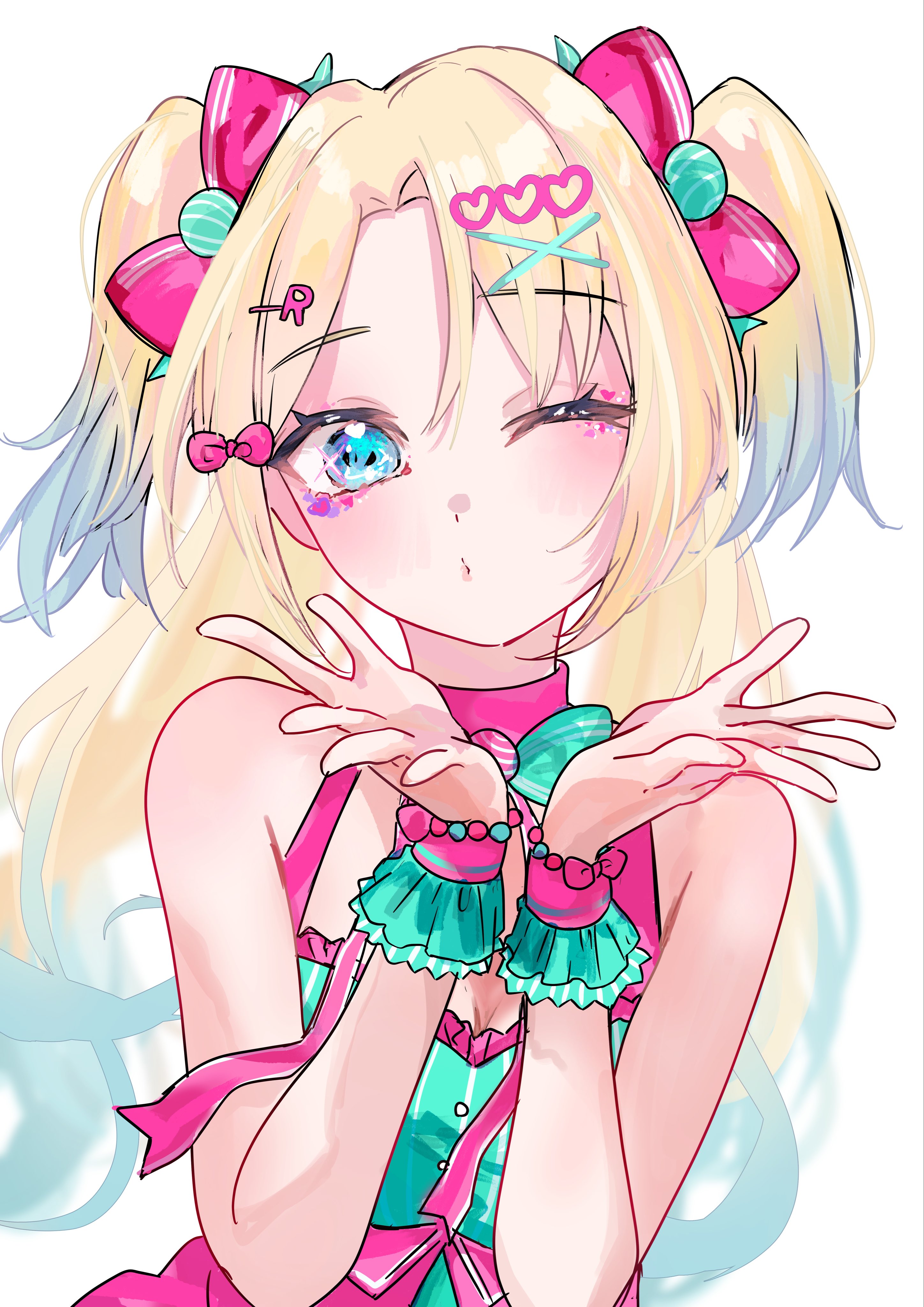 jin (oihlf), osawa rurino, link! like! love live!, love live!, absurdres, commentary, highres, symbol-only commentary, 1girl, 5th live tour ~4pair power spread!!!!~, bare shoulders, blonde hair, blowing kiss, blue eyes, blue hair, bow, breasts, cleavage, cleavage cutout, clothing cutout, frilled wrist cuffs, frills, gradient hair, hair bow, hair ornament, heart, heart hair ornament, letter hair ornament, looking at viewer, multicolored hair, nyao signyal, one eye closed, pink bow, pink shirt, pink wrist cuffs, shirt, simple background, sleeveless, sleeveless shirt, small breasts, solo, twintails, wawo! (love live!), white background, wrist cuffs, x hair ornament