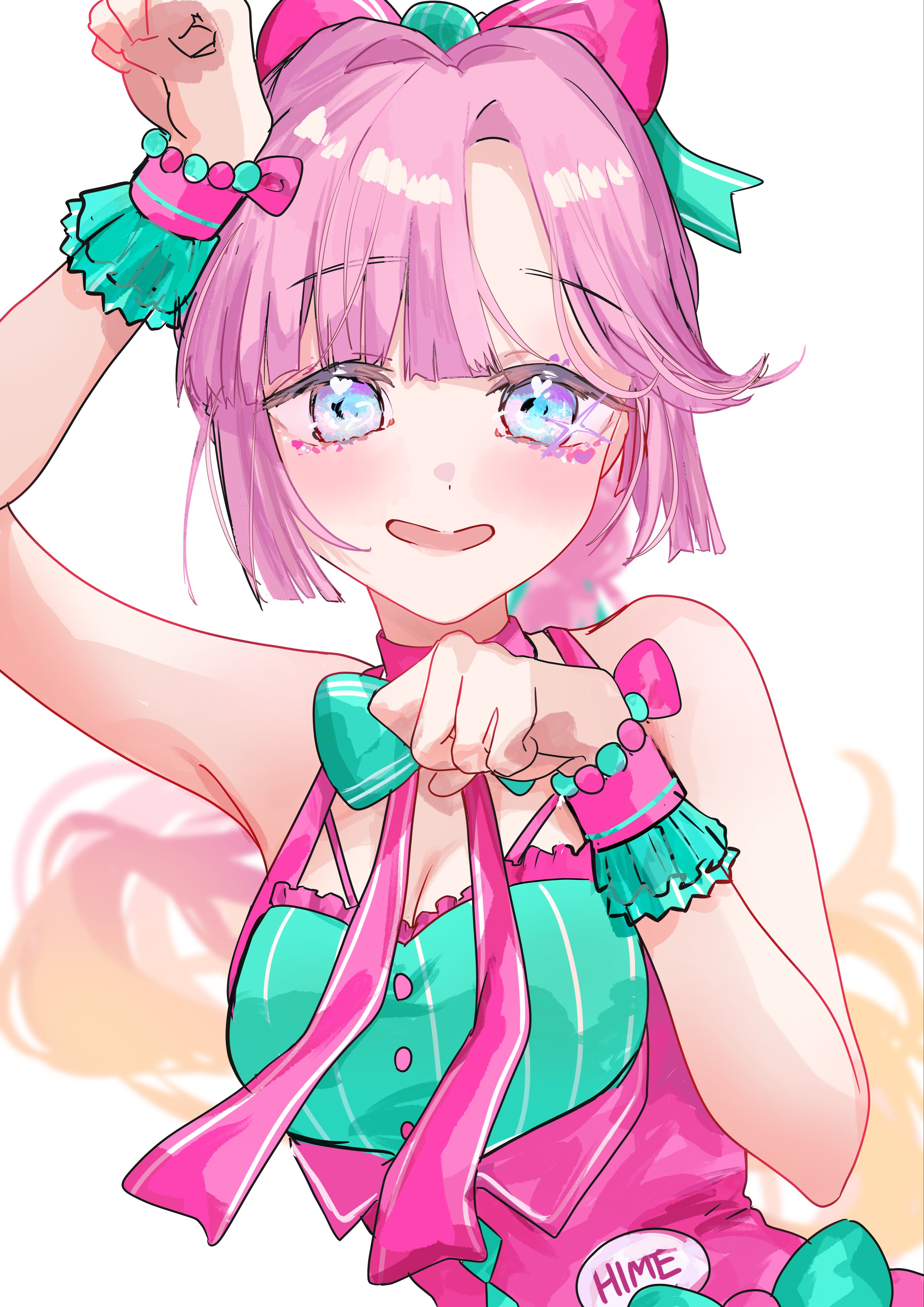 jin (oihlf), anyoji hime, link! like! love live!, love live!, absurdres, commentary, highres, symbol-only commentary, 1girl, 5th live tour ~4pair power spread!!!!~, :d, bare shoulders, blonde hair, blue eyes, blush, bow, breasts, cleavage, cleavage cutout, clothing cutout, frilled wrist cuffs, frills, hair bow, looking at viewer, medium breasts, name tag, nyao signyal, open mouth, paw pose, pink hair, pink shirt, pink wrist cuffs, ponytail, shirt, simple background, sleeveless, sleeveless shirt, smile, solo, wawo! (love live!), white background, wrist cuffs
