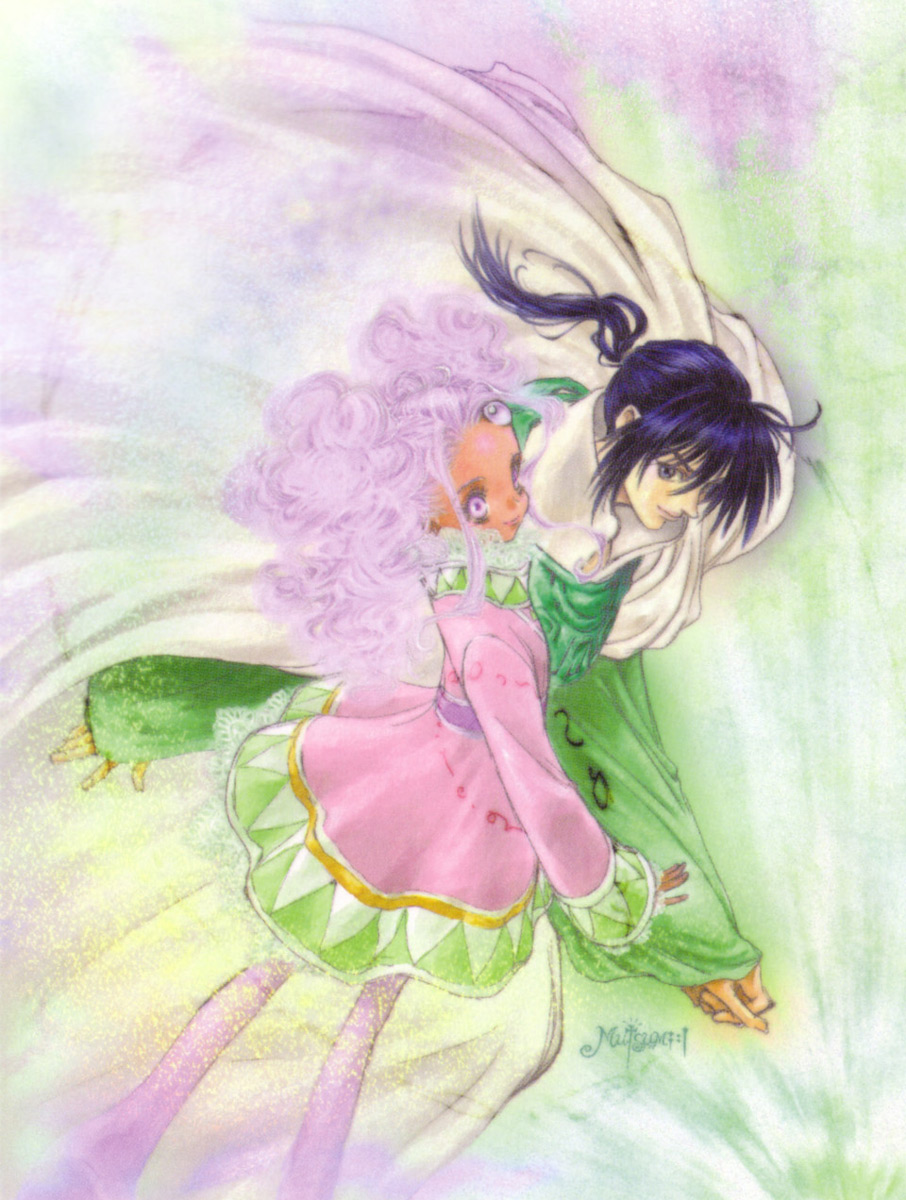 inomata mutsumi, keele zeibel, meredy (tales), namco, tales of (series), tales of eternia, highres, official art, 00s, 1boy, 1girl, couple, dark skin, dress, hetero, long sleeves, ponytail, purple eyes, purple hair, scarf, signature, twintails