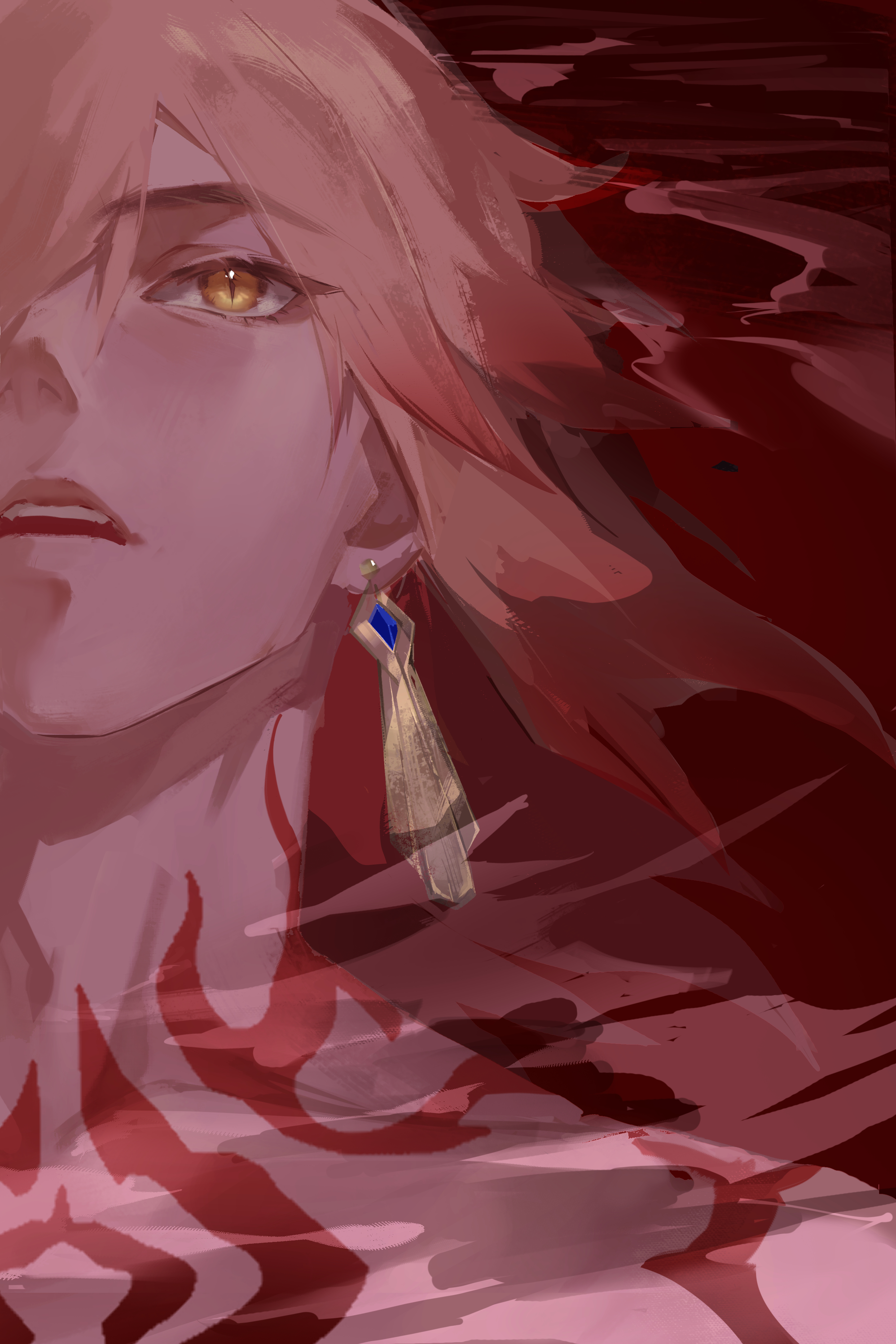 ourkeys118838, mydei (honkai: star rail), honkai: star rail, honkai (series), absurdres, hashtag-only commentary, highres, 1boy, blonde hair, chest tattoo, floating hair, gradient hair, male focus, medium hair, multicolored hair, neck tattoo, open mouth, partially submerged, red hair, red tattoo, solo, tattoo, yellow eyes